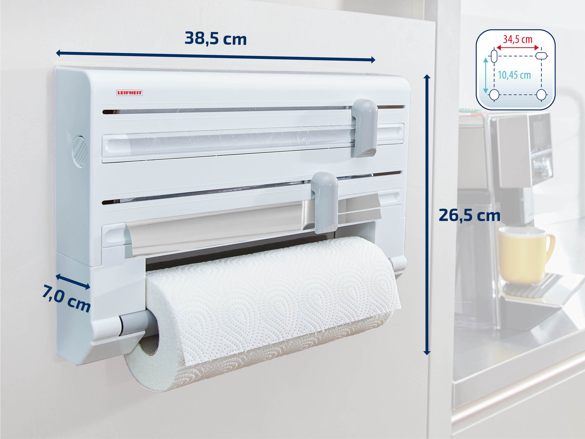 Weier Kchenrollenhalter mit Maangaben. Unten ist eine Rolle Kchenpapier.