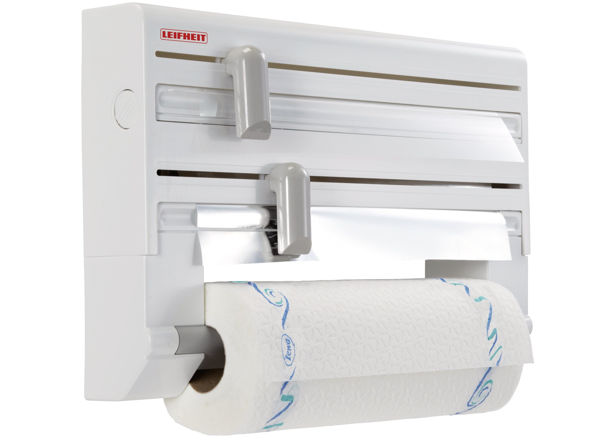 Weiße Leifheit-Küchenrolle mit Folienabroller und Frischhaltefolienhalter.