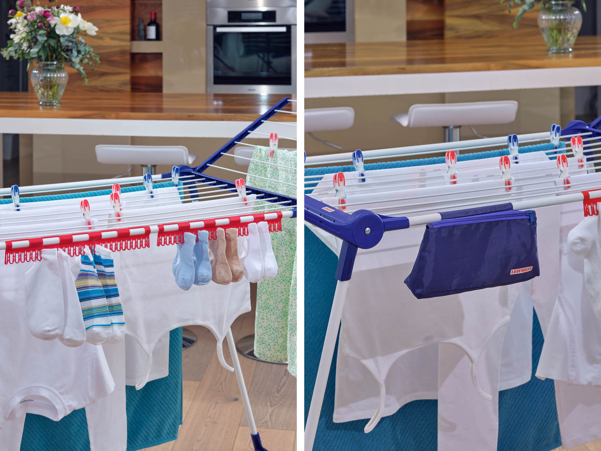 Stojak do suszenia prania z praniem i wiszącą torbą w kuchni.