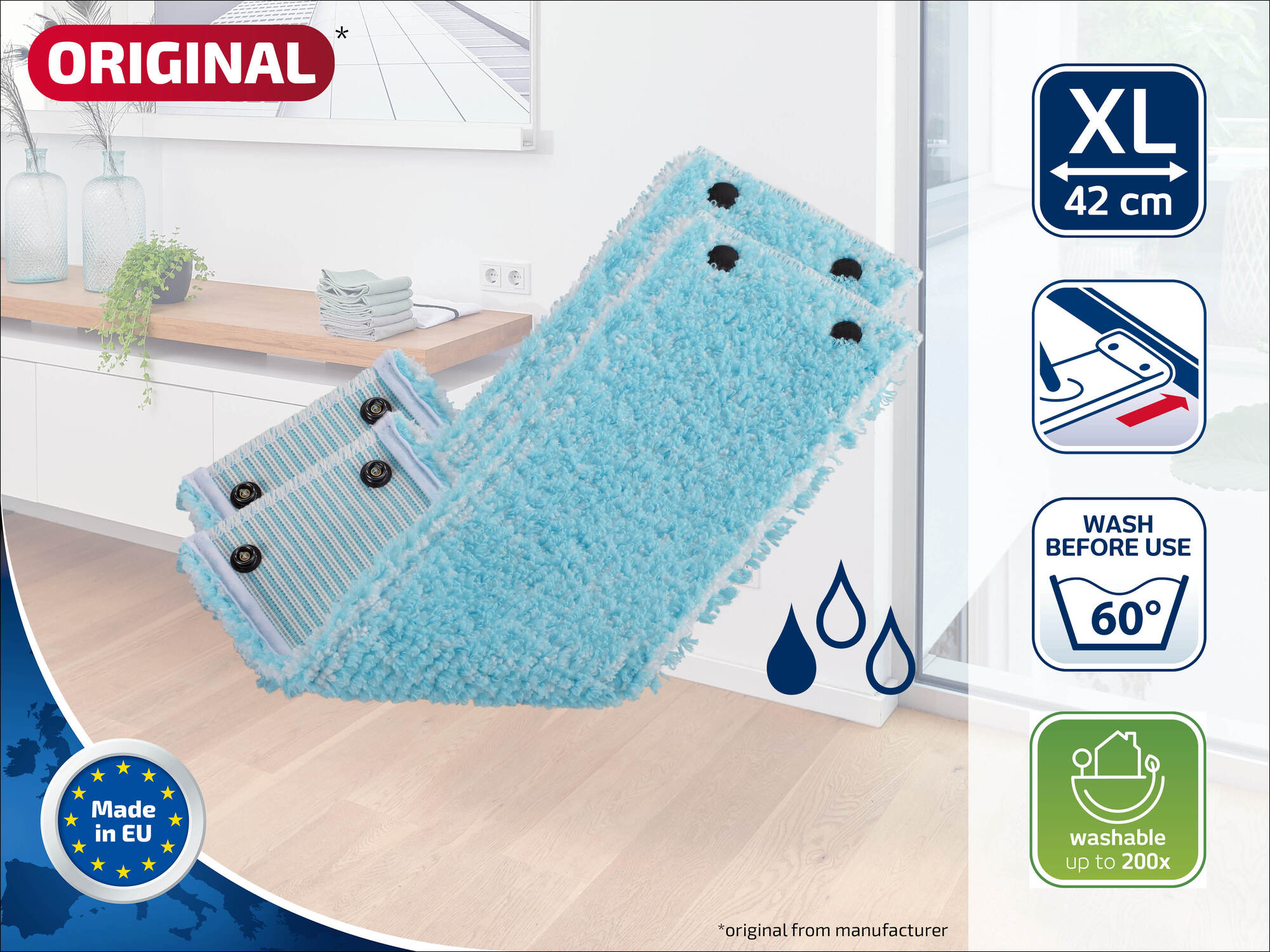 Zwei hellblaue Mikrofaser-Moppköpfe für XL-Bodenwischer, 42 cm.