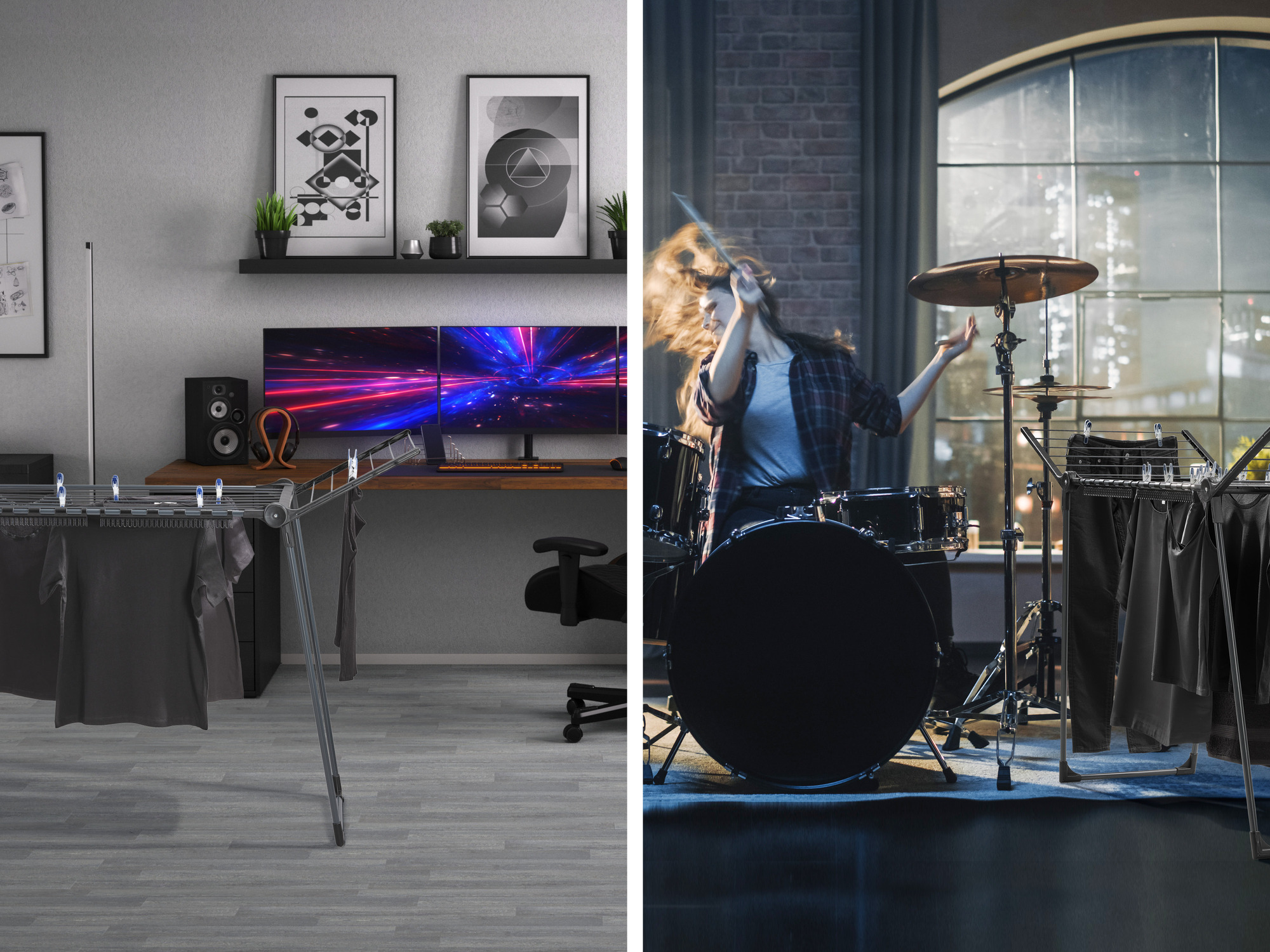 Po lewej: Suszarka na pranie z ubraniami. Po prawej: Kobieta grająca na perkusji.