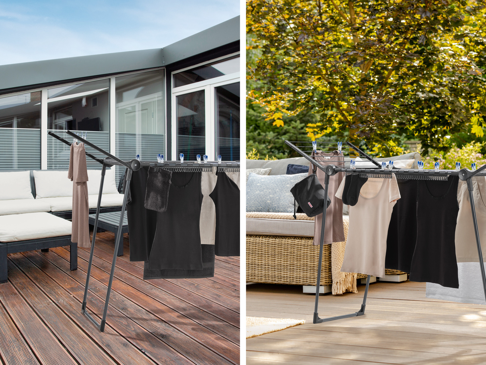 Suszarka do ubrań na drewnianym tarasie z ubraniami i meblami w tle.