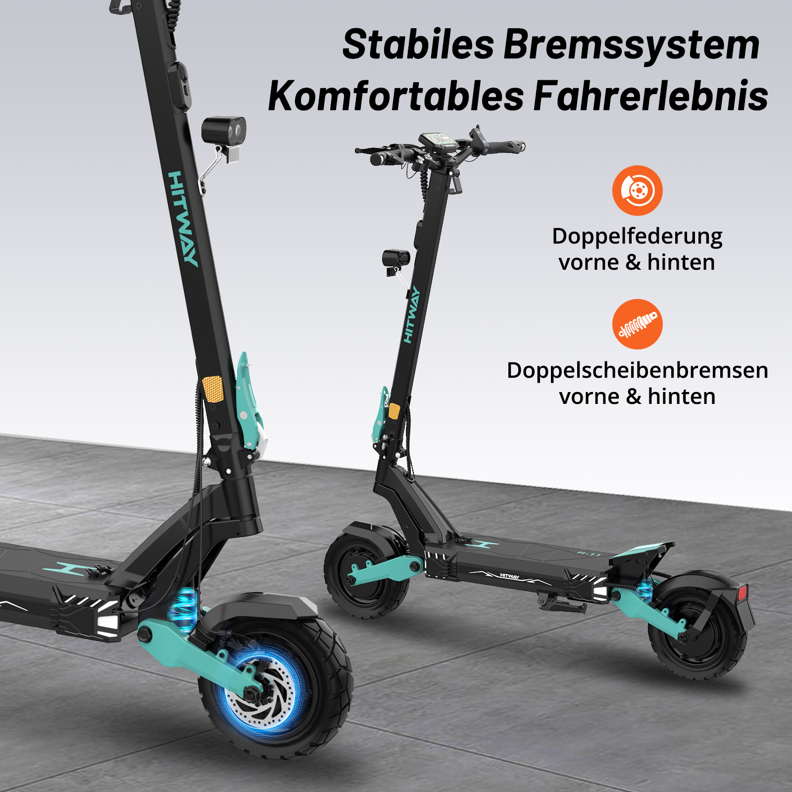 Zwei schwarze E-Scooter mit türkisfarbenen Akzenten auf grauem Boden.