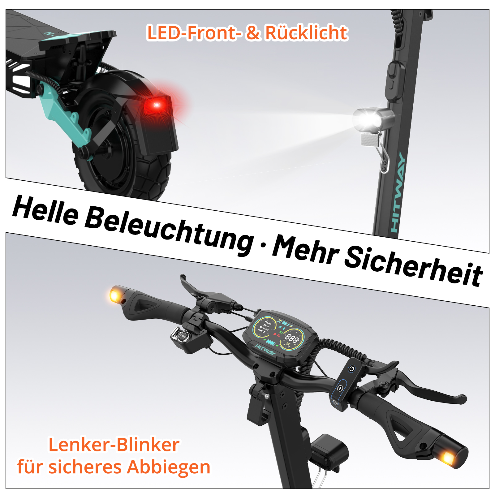 E-Scooter mit LED-Front- und Rücklicht sowie Lenker-Blinkern.
