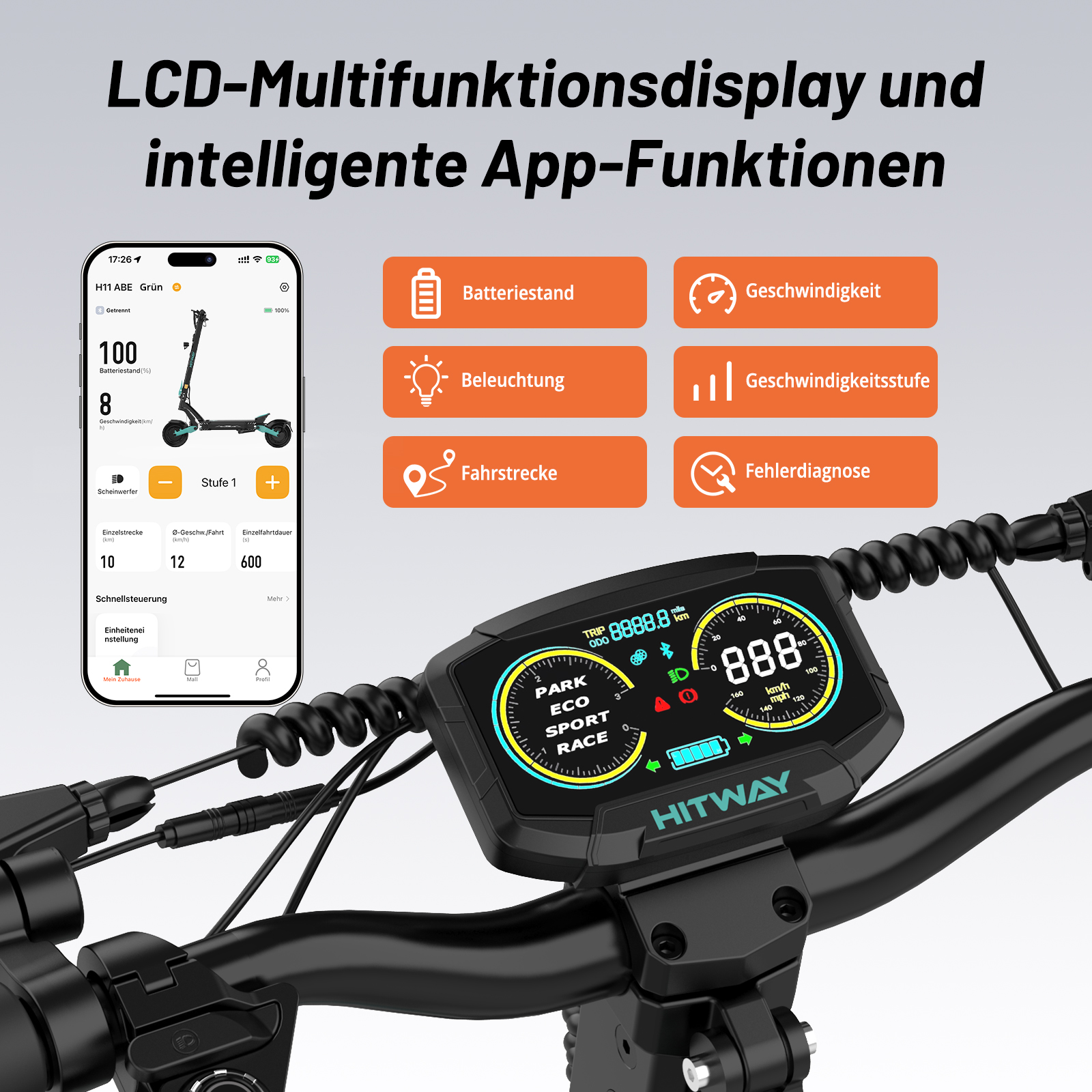 Elektroroller-Display zeigt Geschwindigkeit, Akku und Fahrmodi. App-Funktionen aufgelistet.