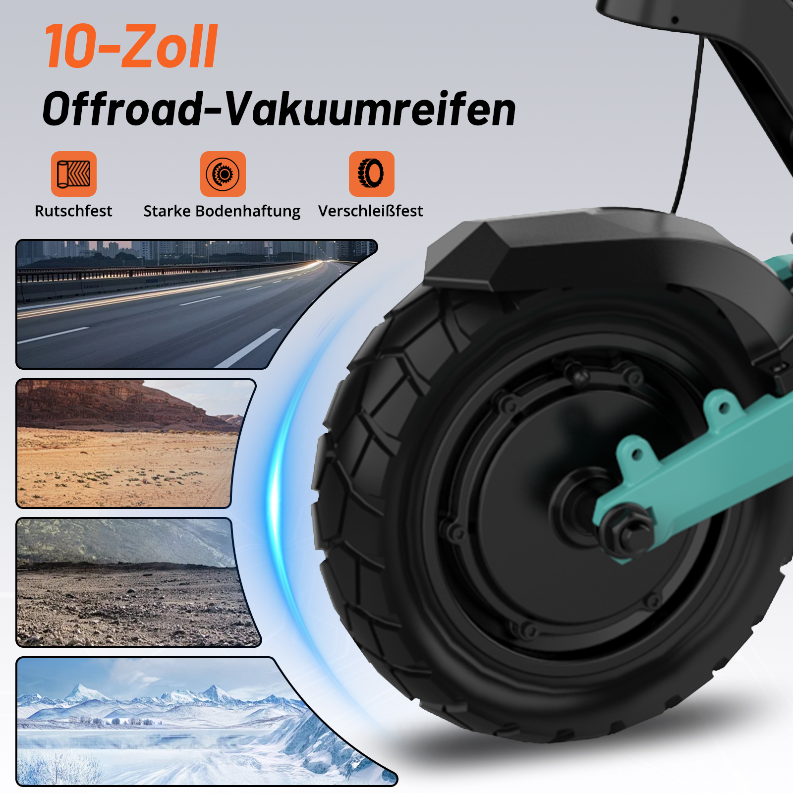 Großaufnahme des Offroad-Vakuumreifens eines Rollers mit drei Bildern von Gelände.