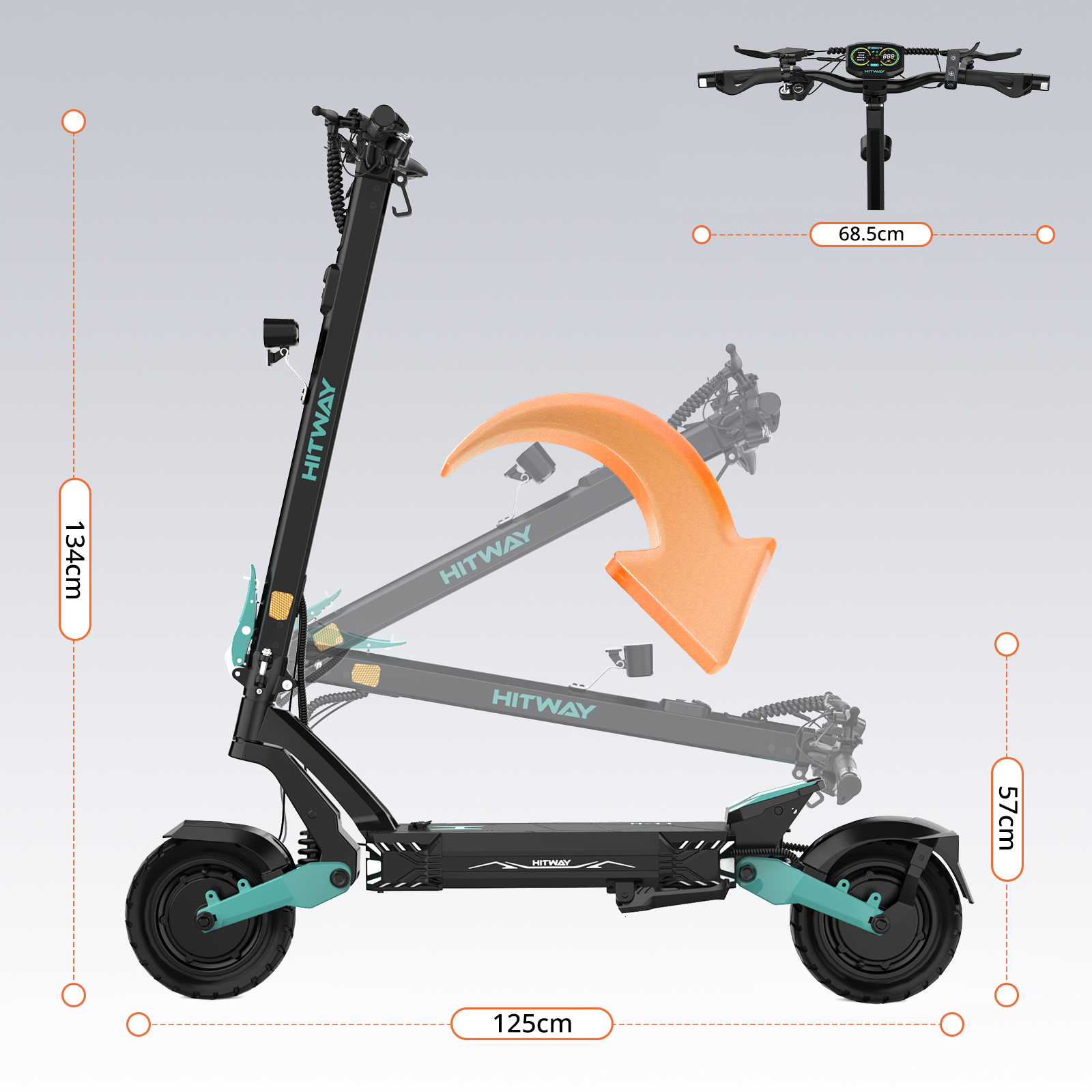Ein schwarzer E-Scooter mit türkisfarbenen Akzenten wird gezeigt.