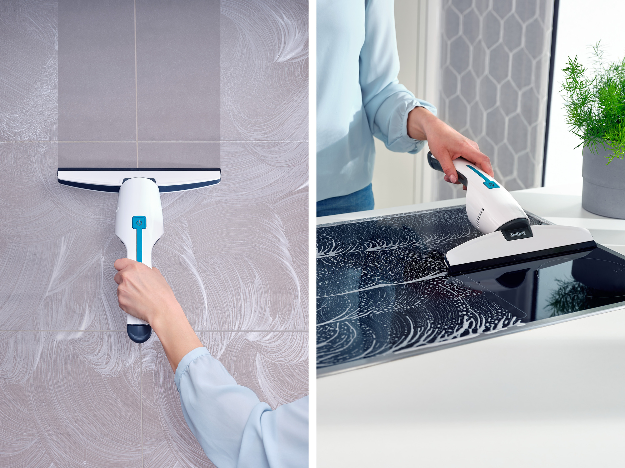 Ręczny czyścik do okien czyści kafelkową ścianę i płytę kuchenną wodą z mydłem.