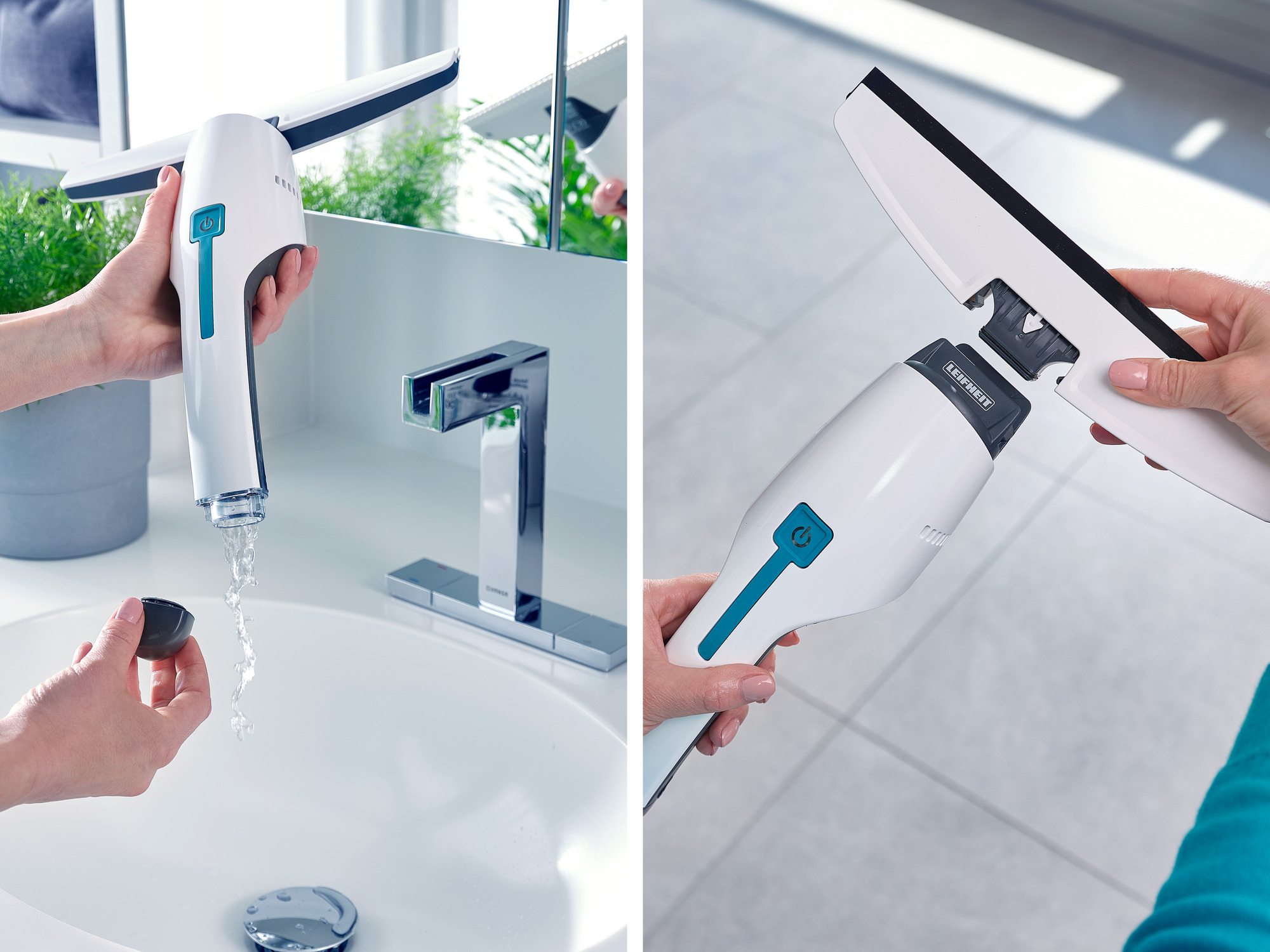 Dwie ręce trzymają białe urządzenie czyszczące z niebieskim przyciskiem. Woda płynie z urządzenia.