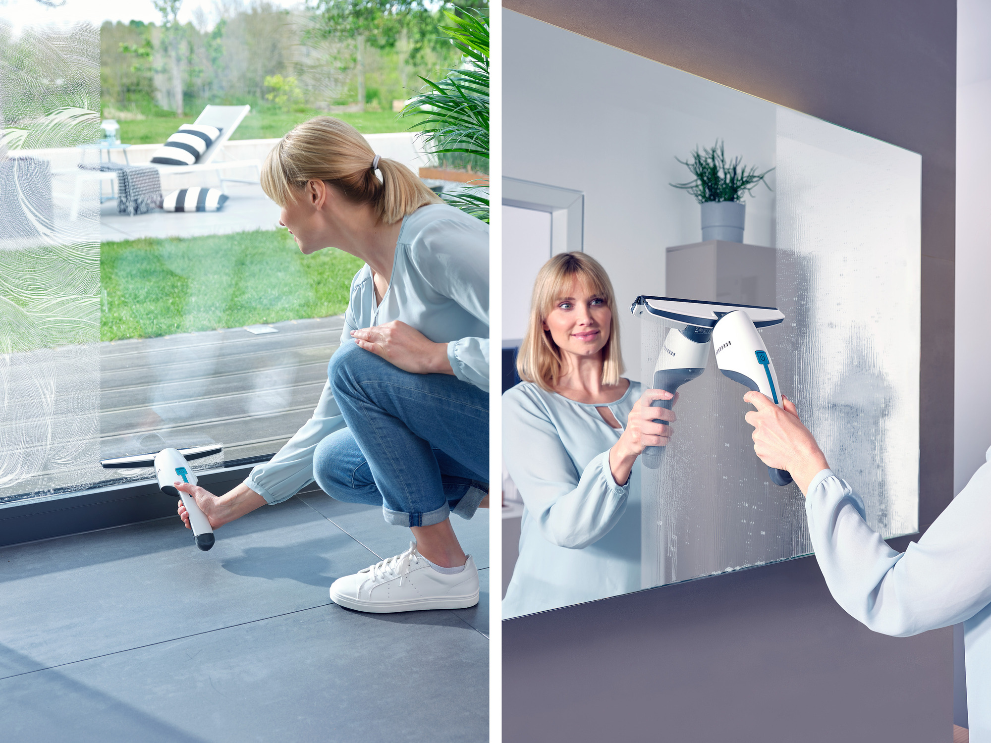 Kobieta czyści okno i lustro za pomocą elektrycznego urządzenia czyszczącego.