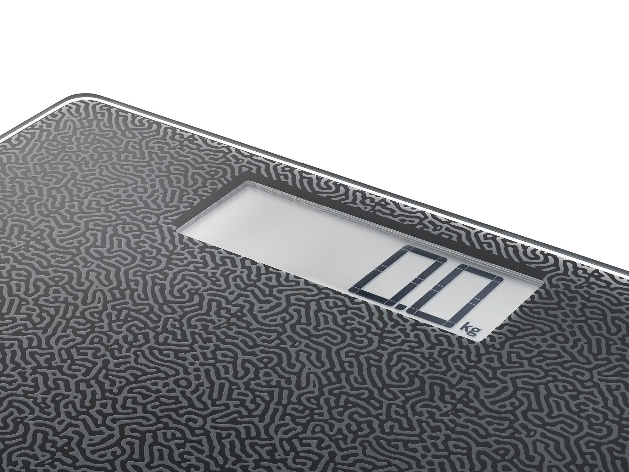 Eine digitale Waage mit einem grauen Muster und einer Anzeige von 0.0 kg.