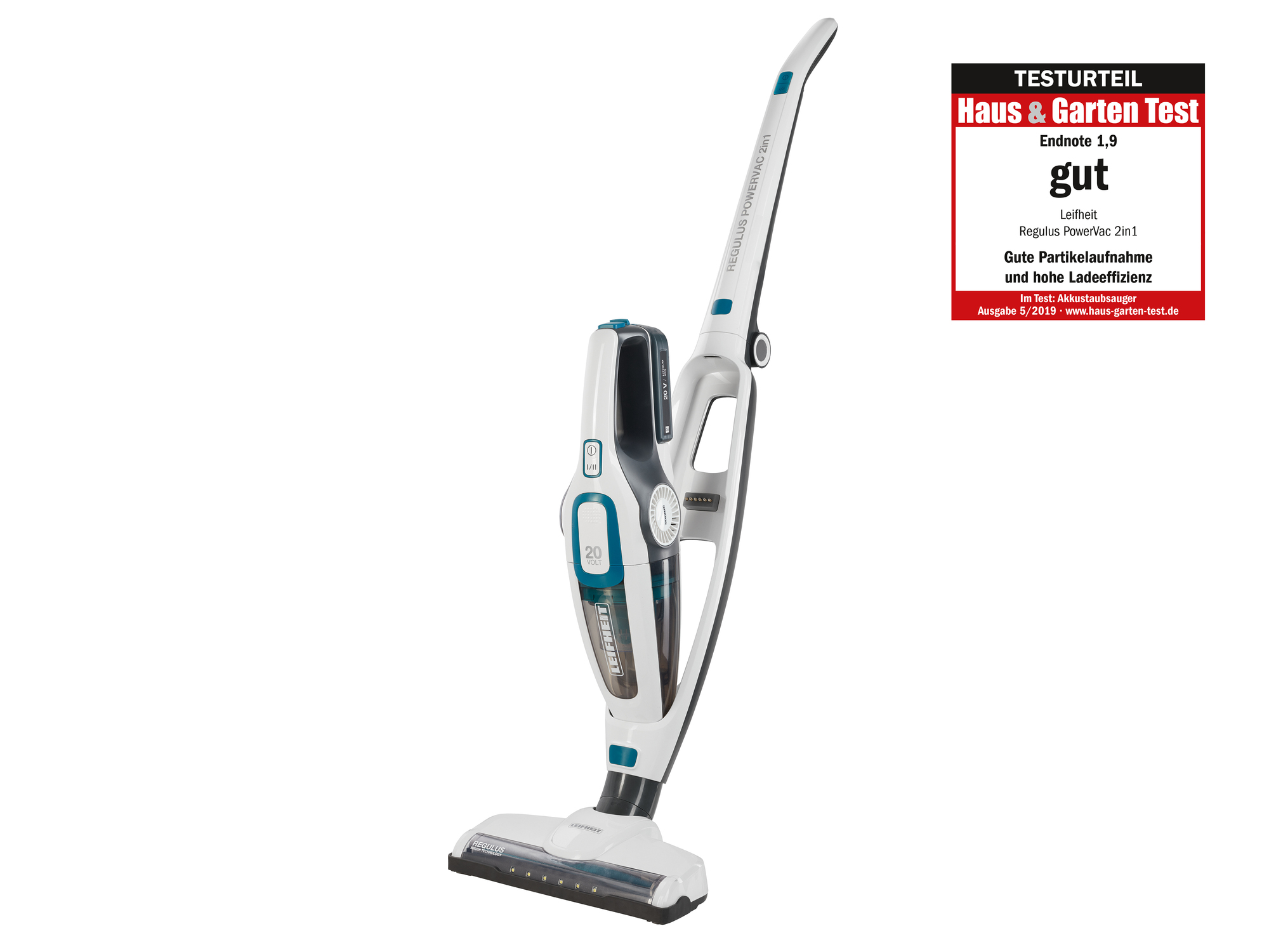 Biały odkurzacz akumulatorowy z niebiesko-szarymi akcentami i naklejką testową.