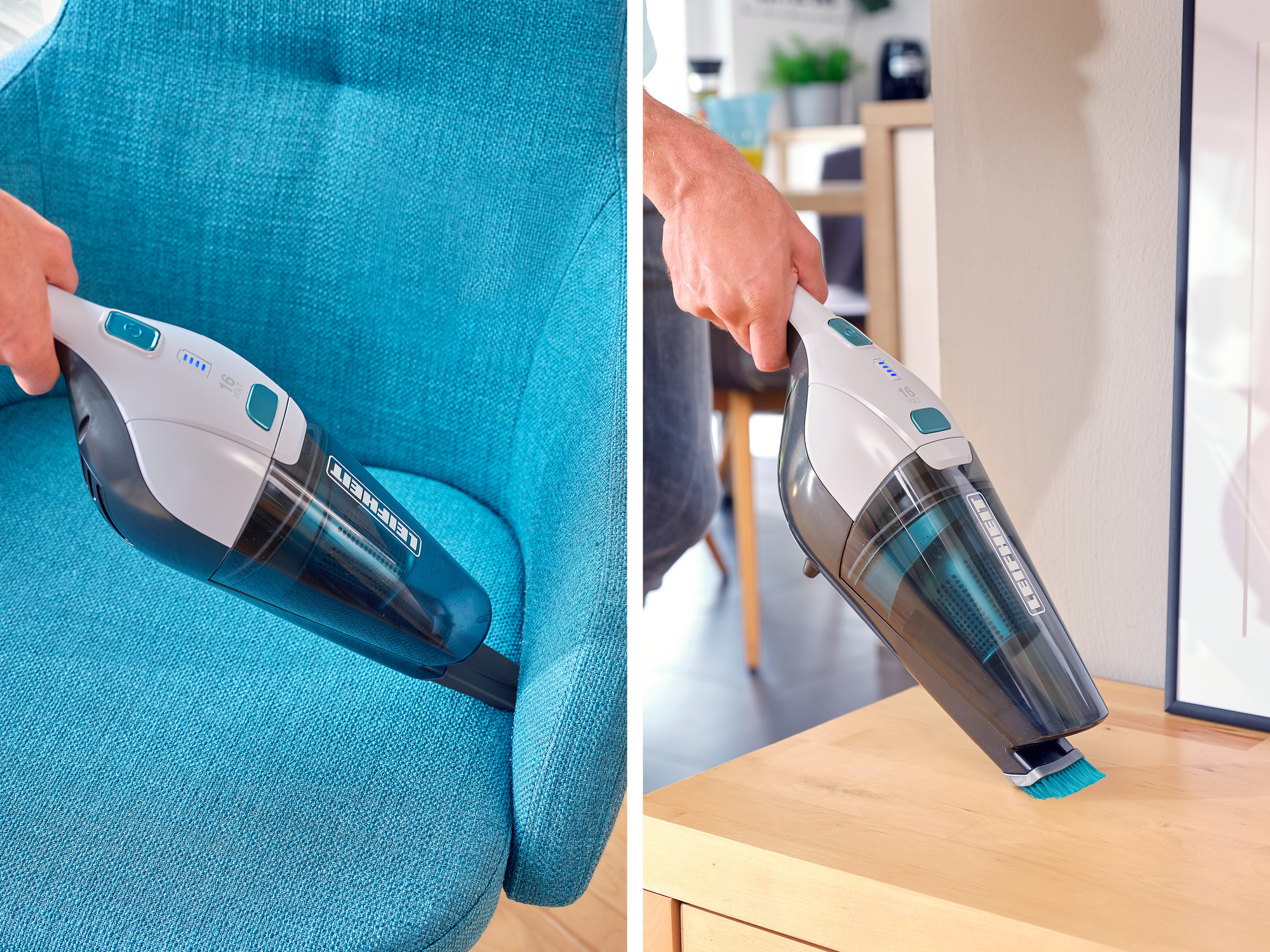 Odkurzacz ręczny jest używany na niebieskim krześle i drewnianym stole.