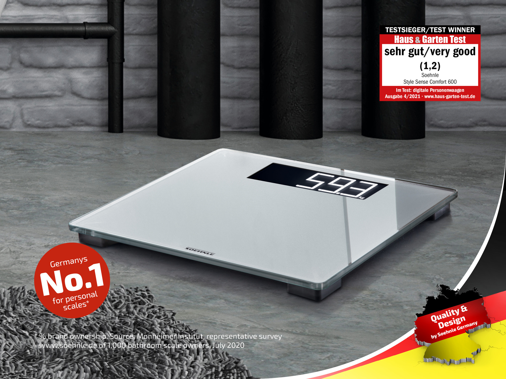 Biała waga Soehnle pokazująca 59,3 kg na szarej powierzchni.