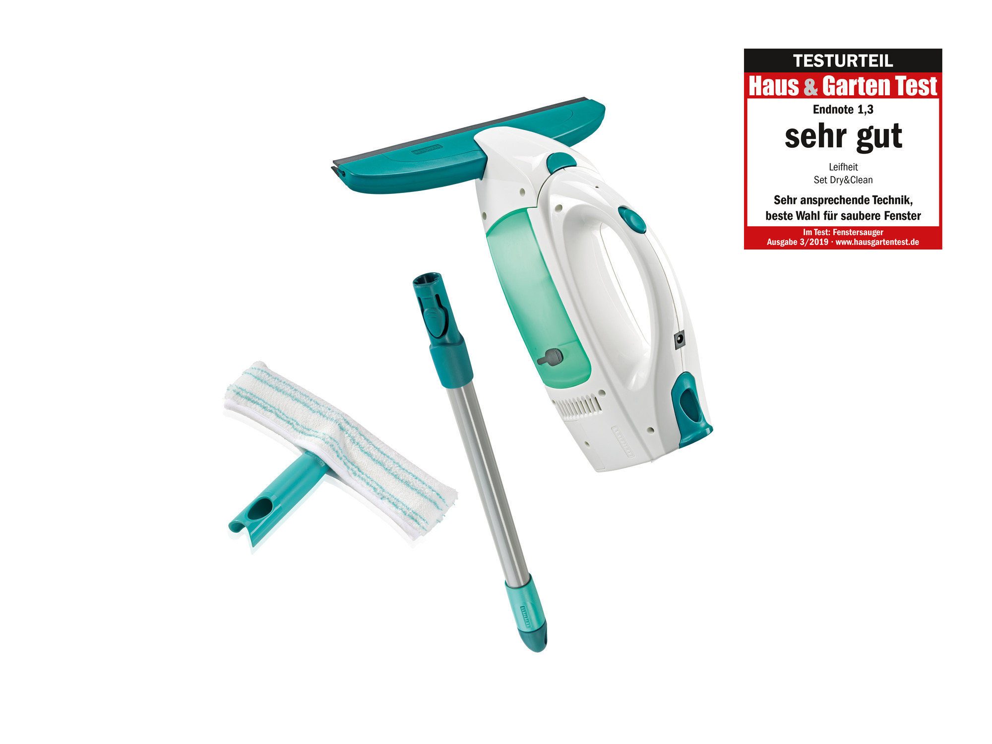 Odkurzacz do okien z funkcją ssania, drążkiem i ściereczką. Widoczna ocena testu.