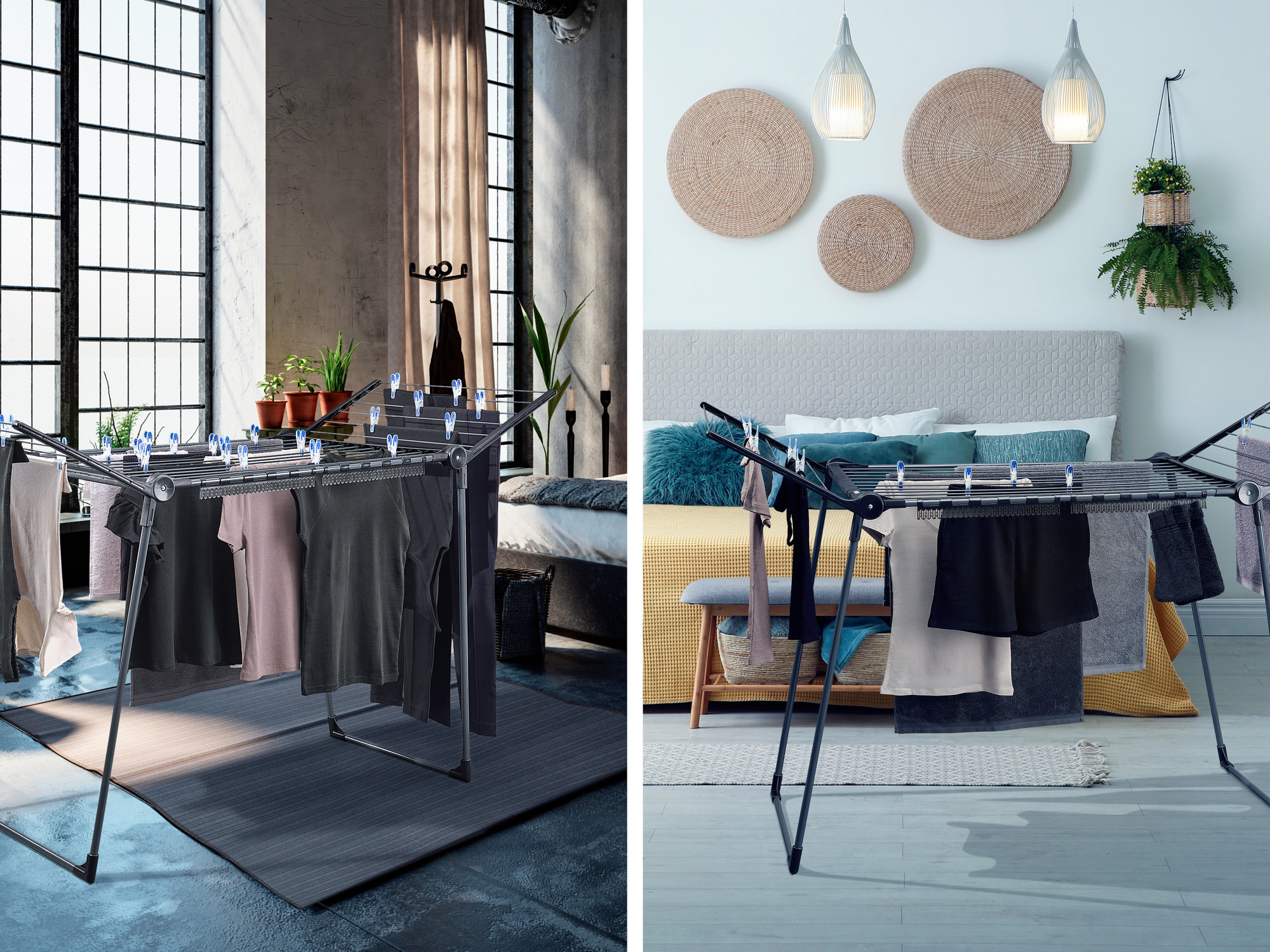 Wäscheständer mit Kleidung im Schlafzimmer und Wohnbereich.