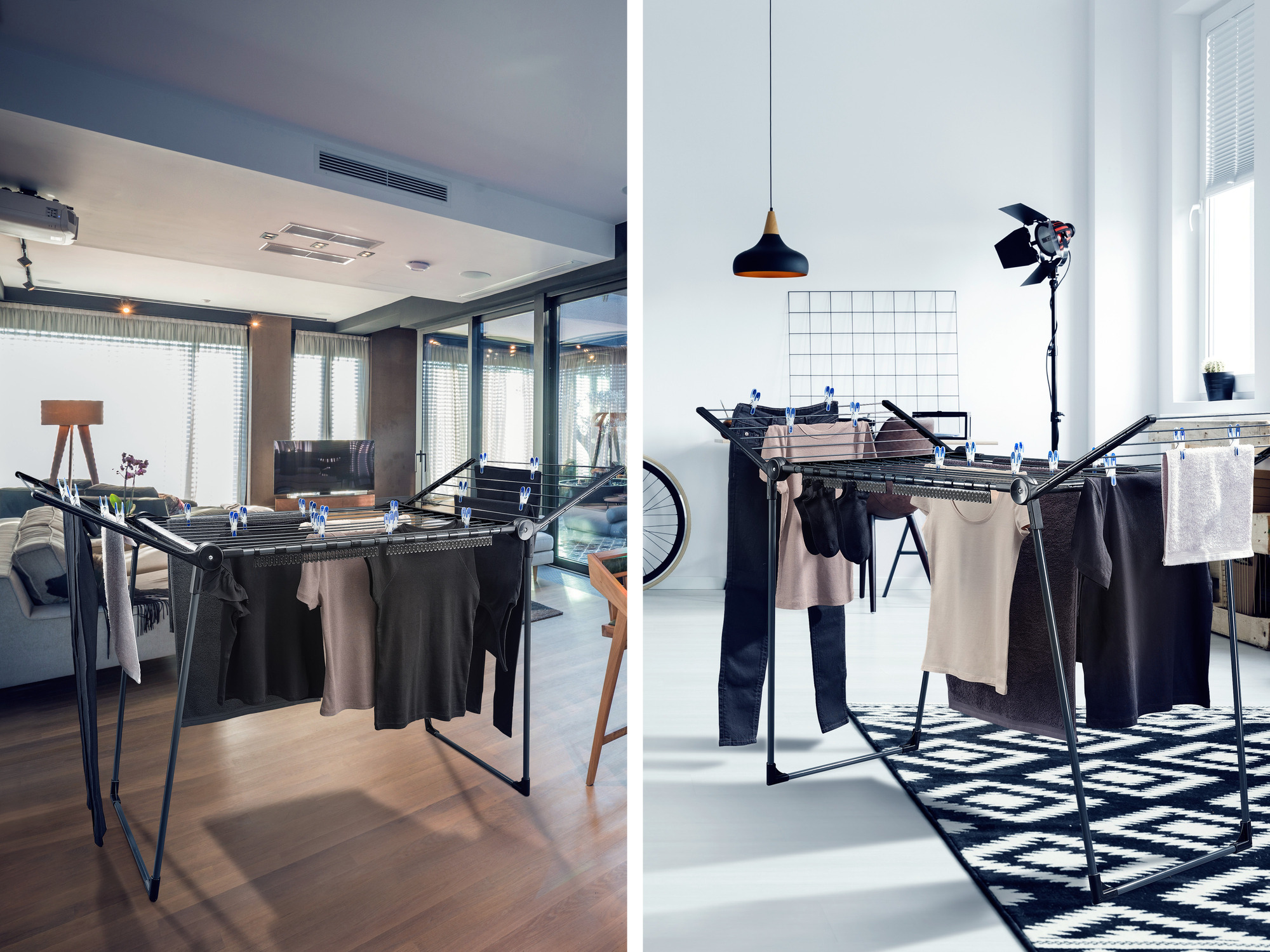 Ein Wäscheständer mit Kleidung in einem modernen Wohnzimmer und Studio.