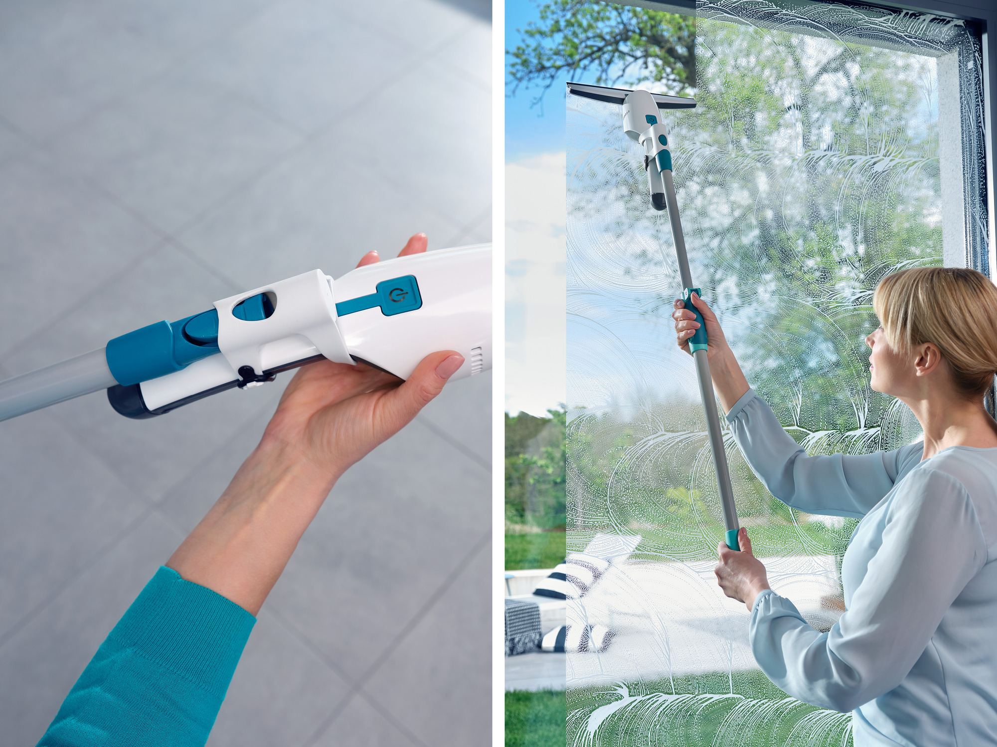 Kobieta czyści okno urządzeniem. Zbliżenie na urządzenie.