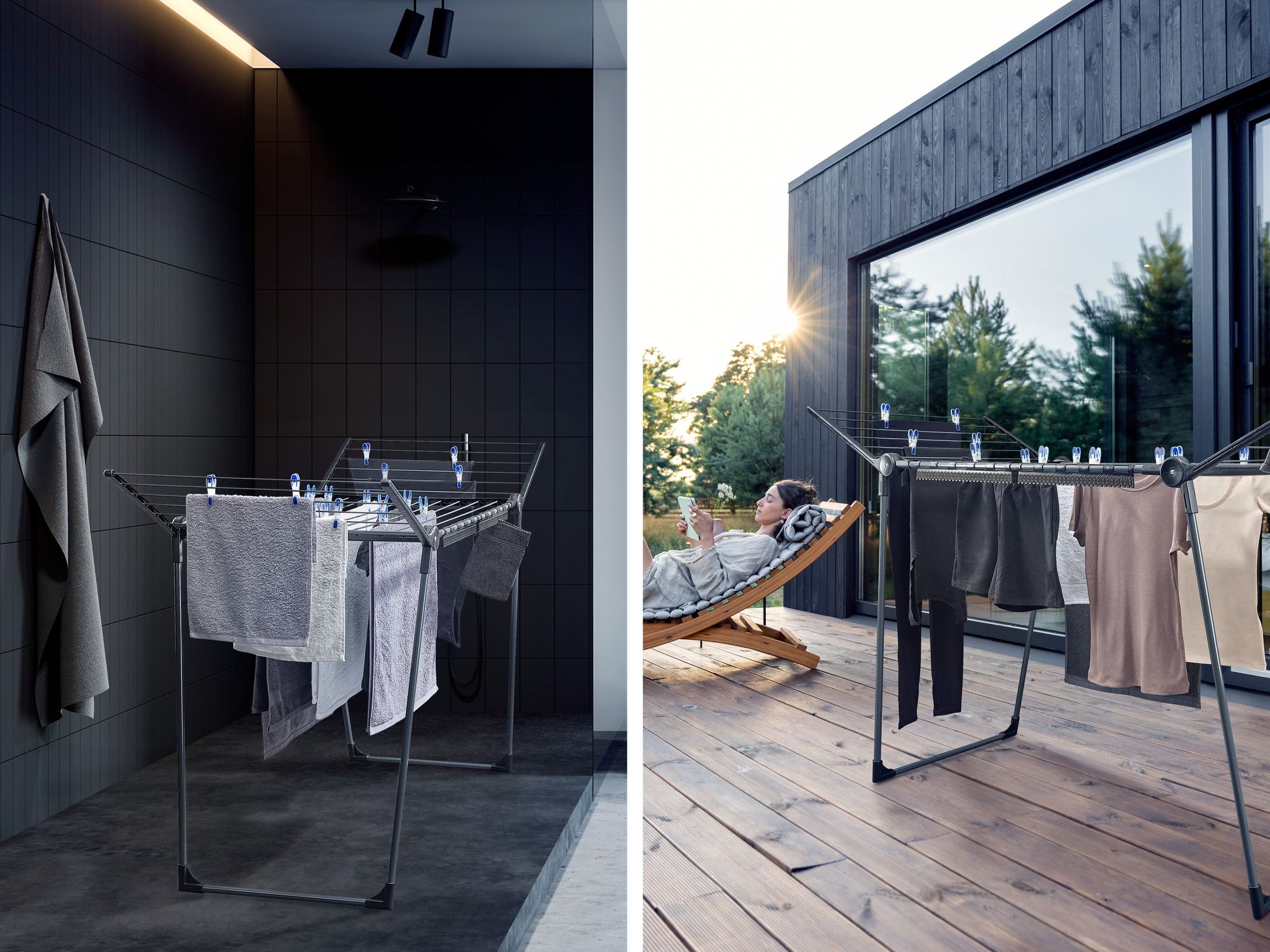 Zwei Szenen zeigen einen Wäscheständer: drinnen in einem dunklen Bad und draußen auf einer Holzterrasse.