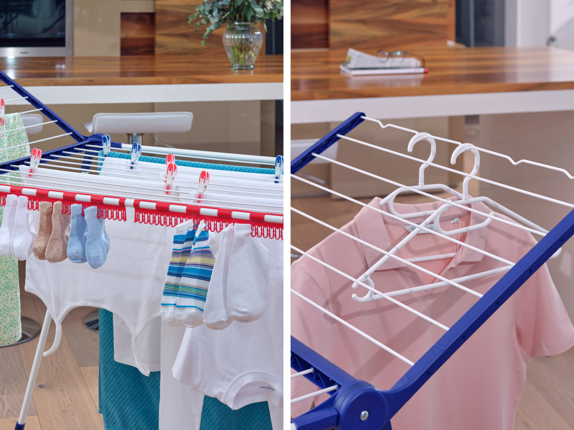 Stojak do suszenia z ubraniami i klamerkami w kuchni.