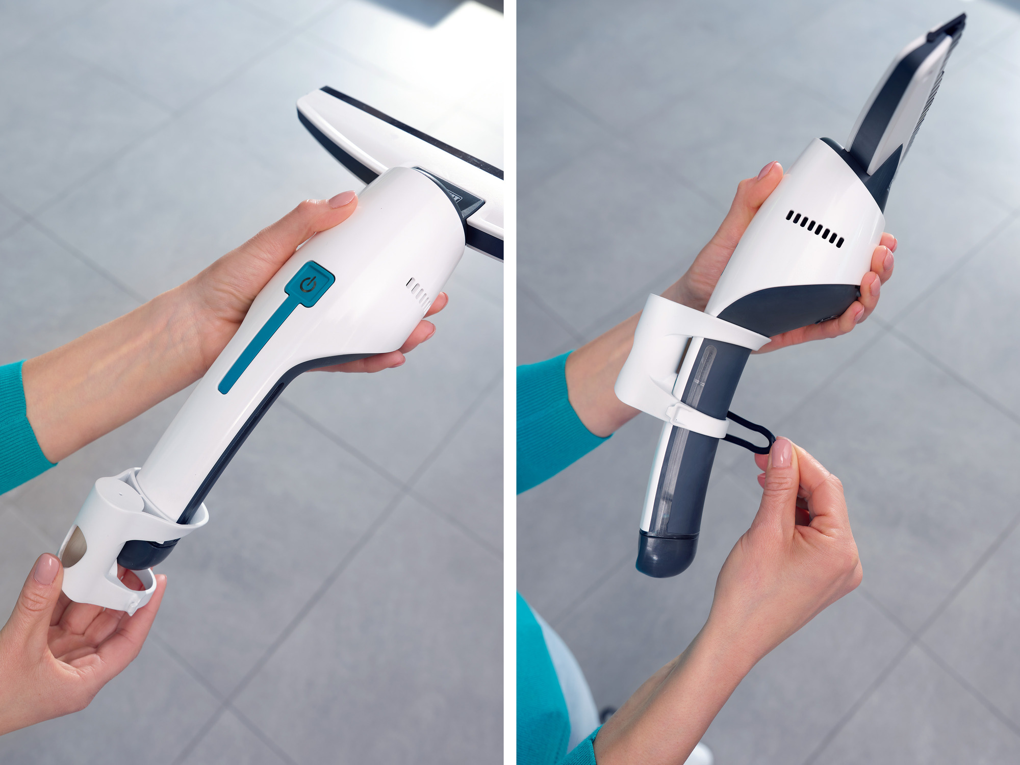 Osoba trzymająca białe urządzenia do czyszczenia okien z niebieskimi akcentami.