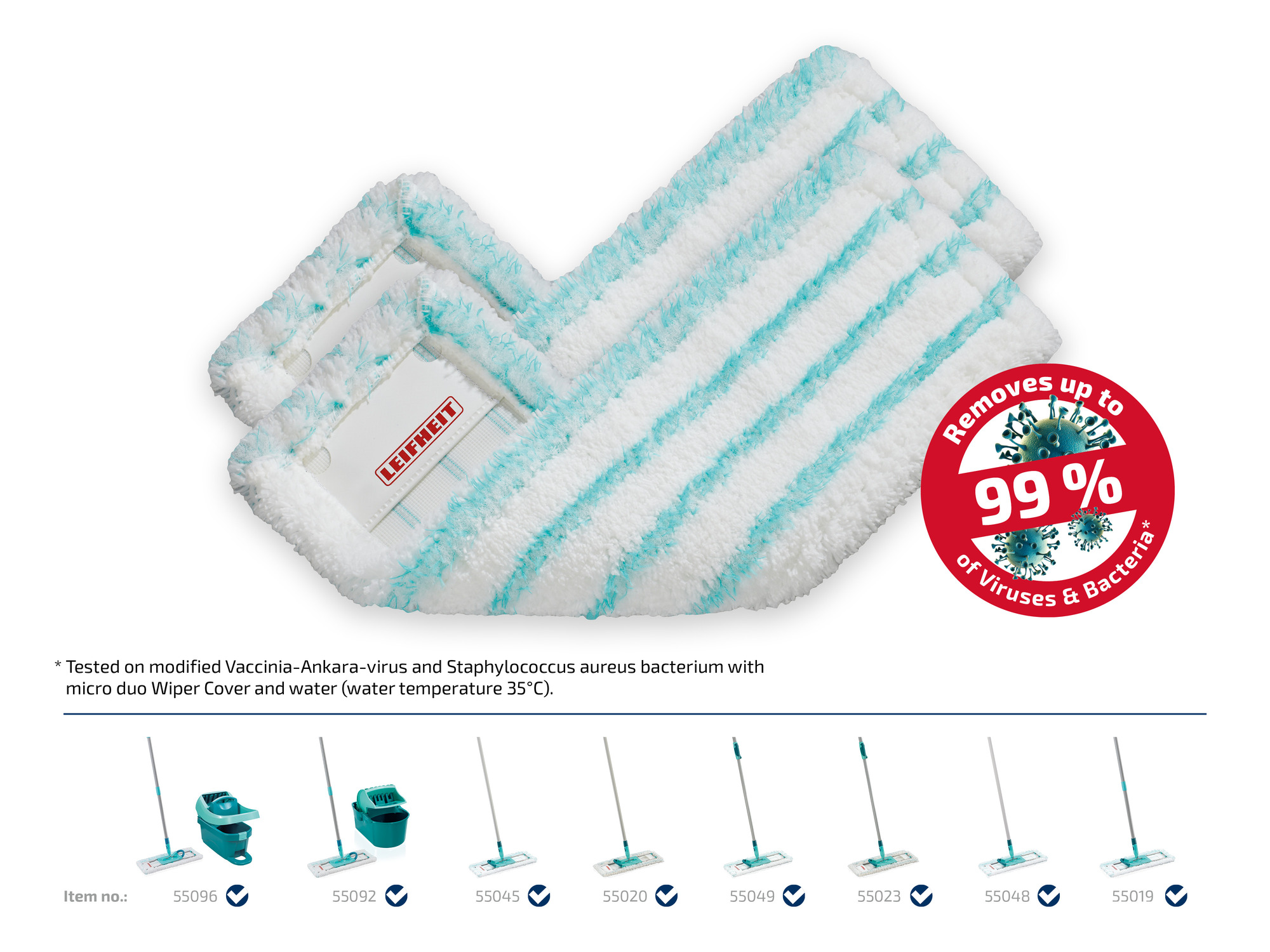 Leifheit Moppköpfe mit blauen Streifen entfernen 99% der Viren & Bakterien. Artikelnummern angezeigt.