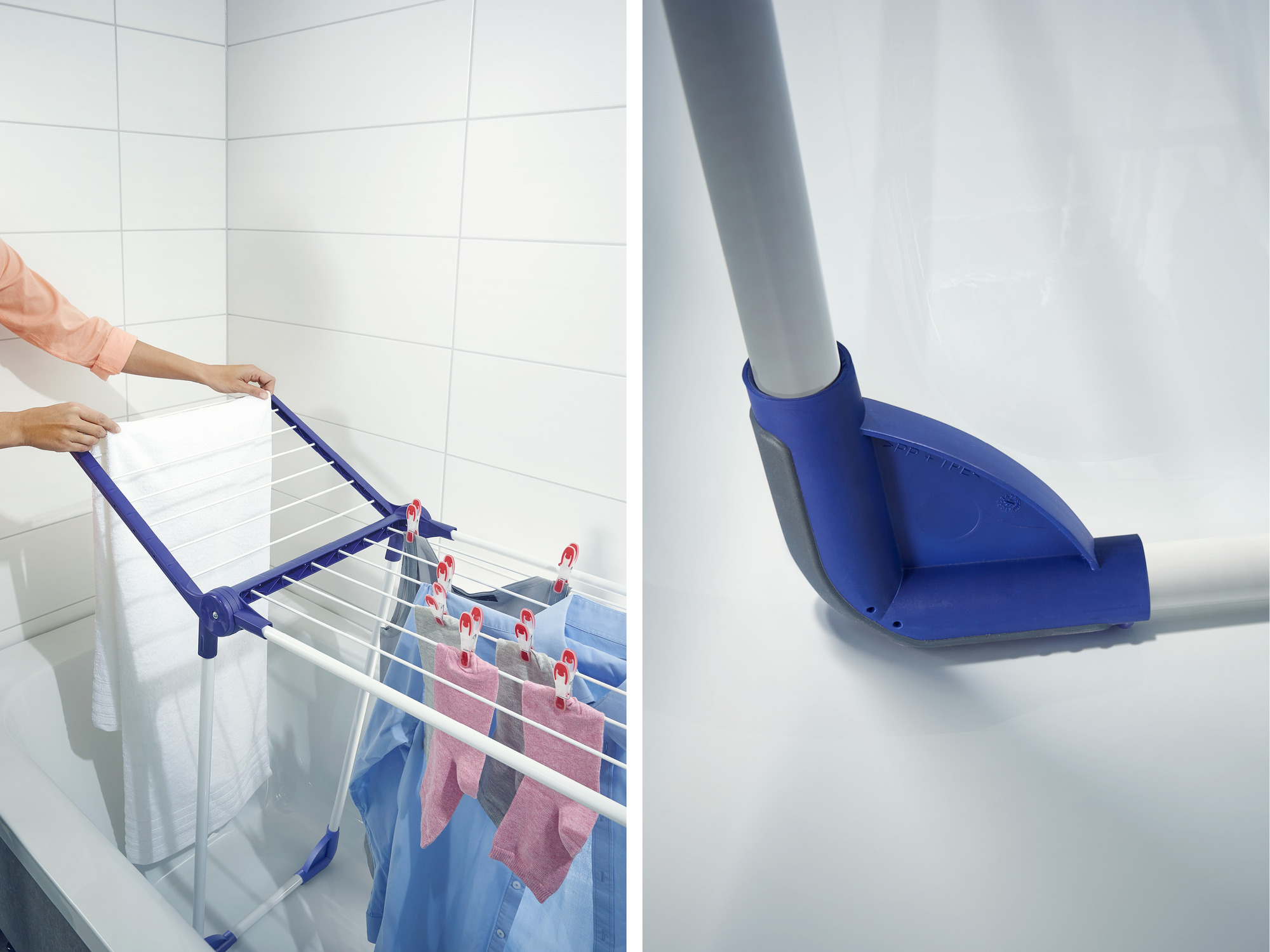 Suszarka na pranie z ubraniami i częścią niebieskiego urządzenia czyszczącego.