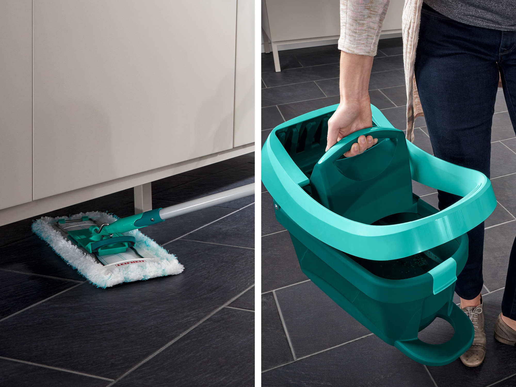 Ein Wischmopp mit einem blauen Rand reinigt einen dunklen Fliesenboden neben einem Schrank.