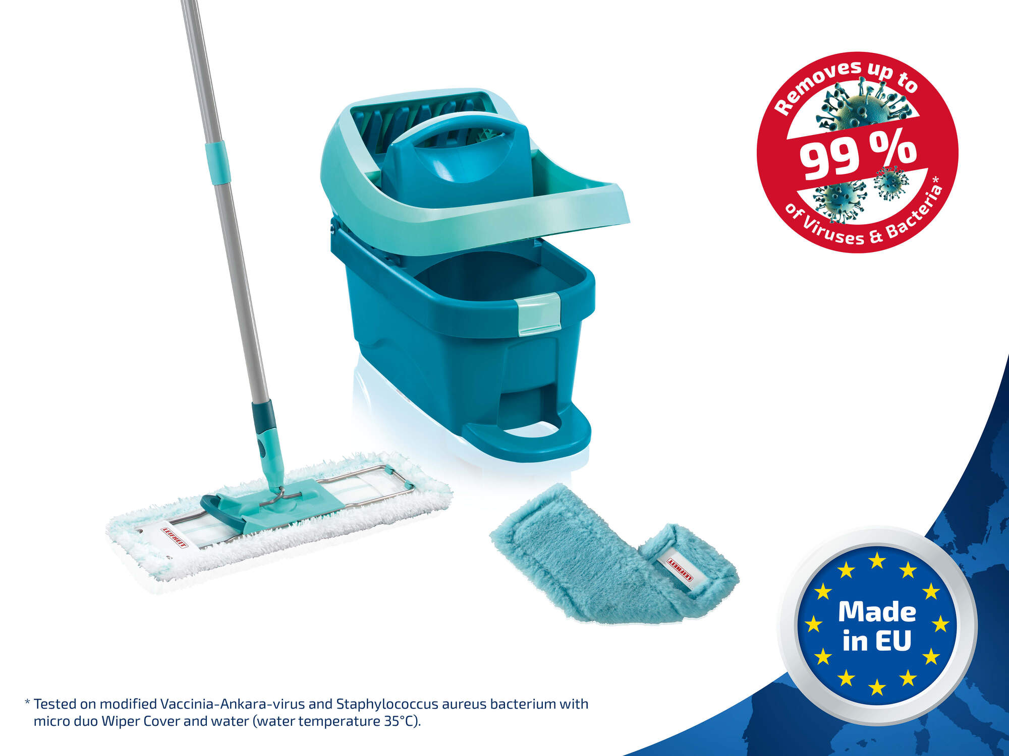Ein blauer Wischmopp-Eimer mit Stiel, Wischkopf und Ersatzbezug. 99% Viren-/Bakterienentfernung.