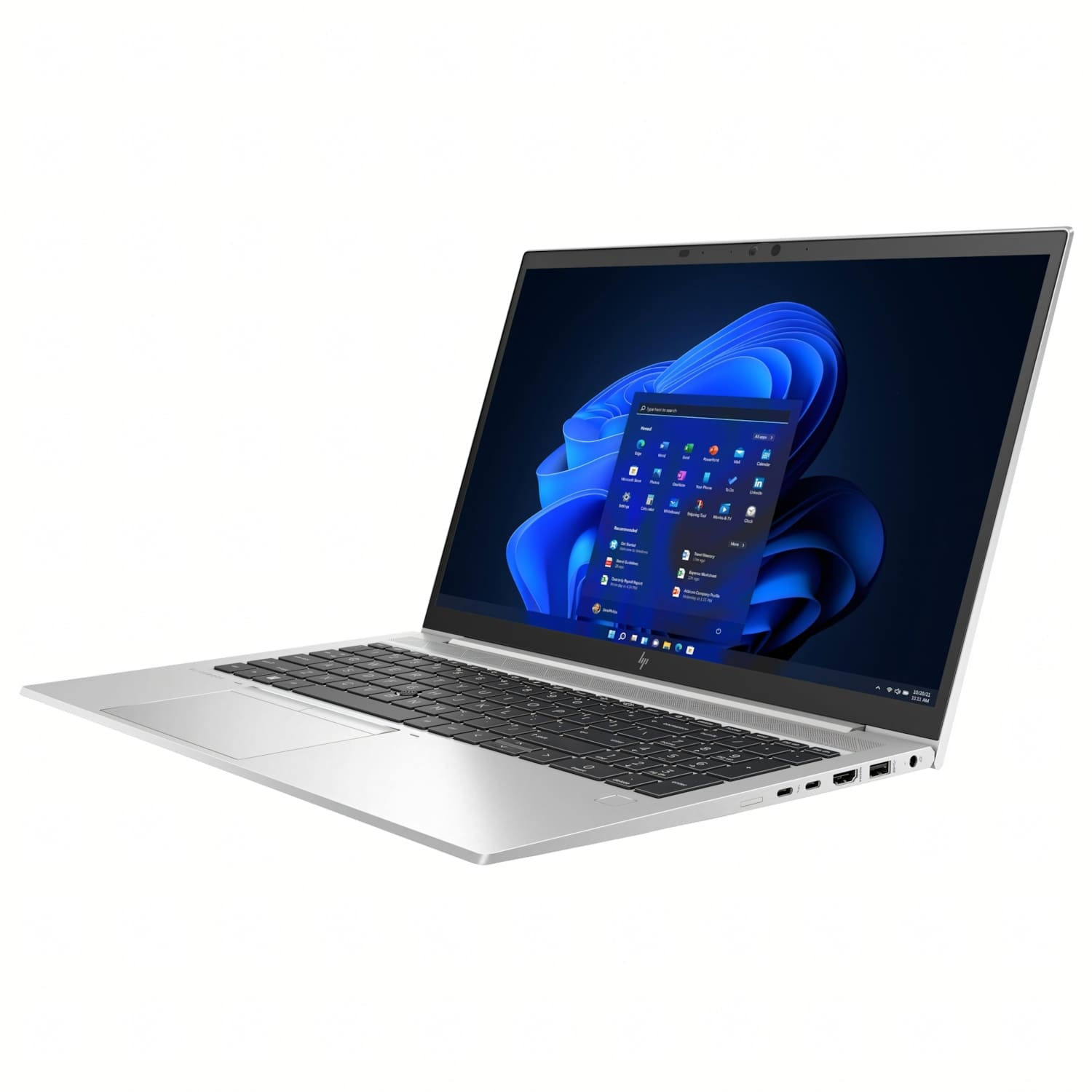 Portátil plateado con pantalla abierta mostrando la interfaz de Windows 11 y teclado.