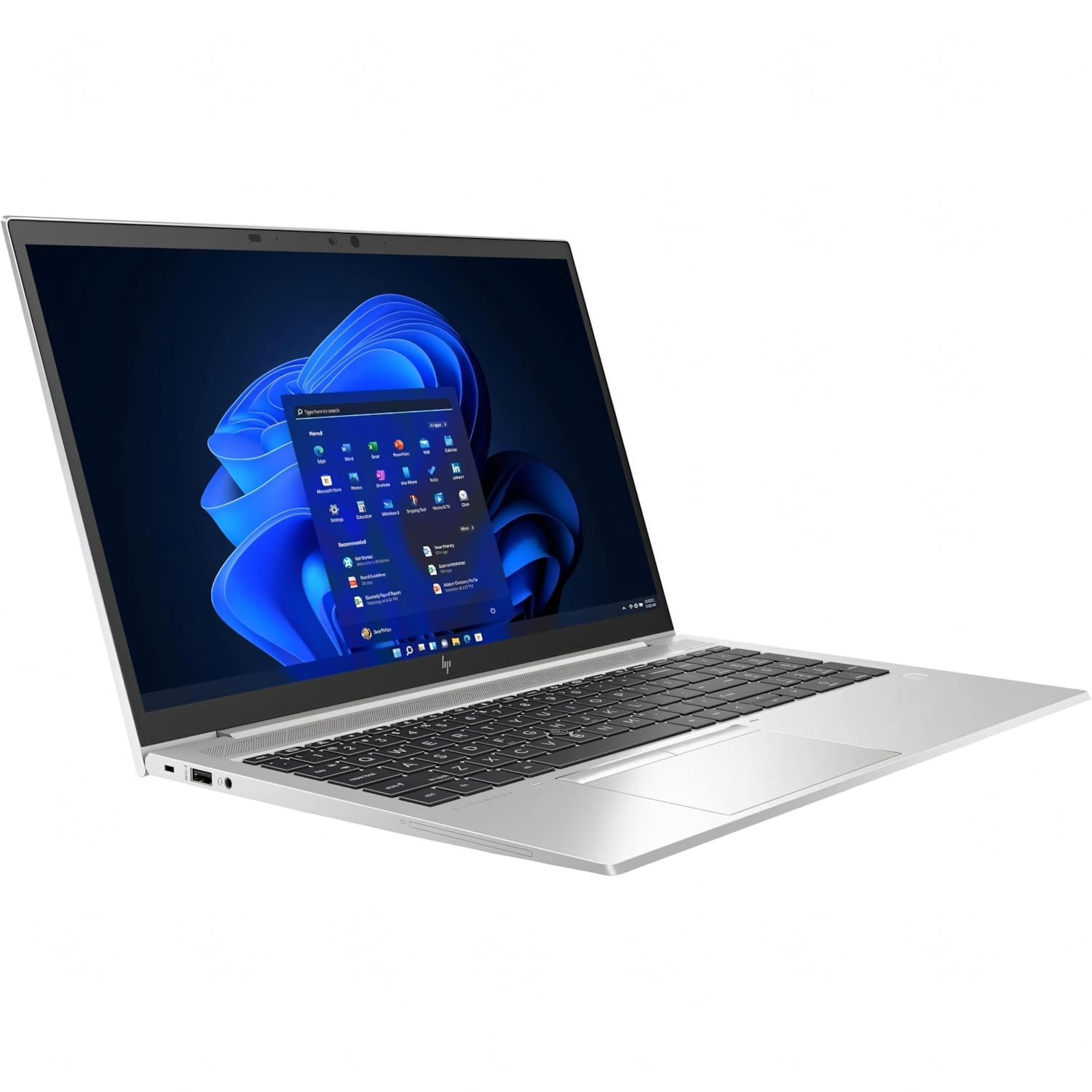 Un portátil plateado con teclado retroiluminado y menú de inicio de Windows.