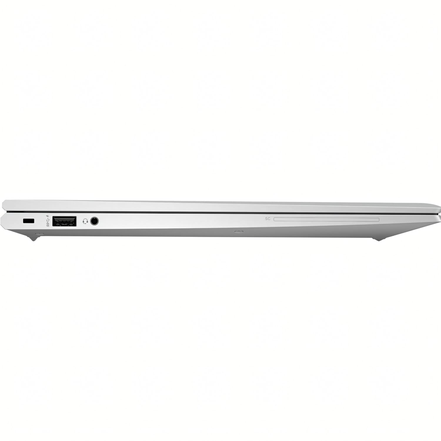 Borde plateado de laptop con puertos USB, conector de auriculares y lector de tarjetas SD.