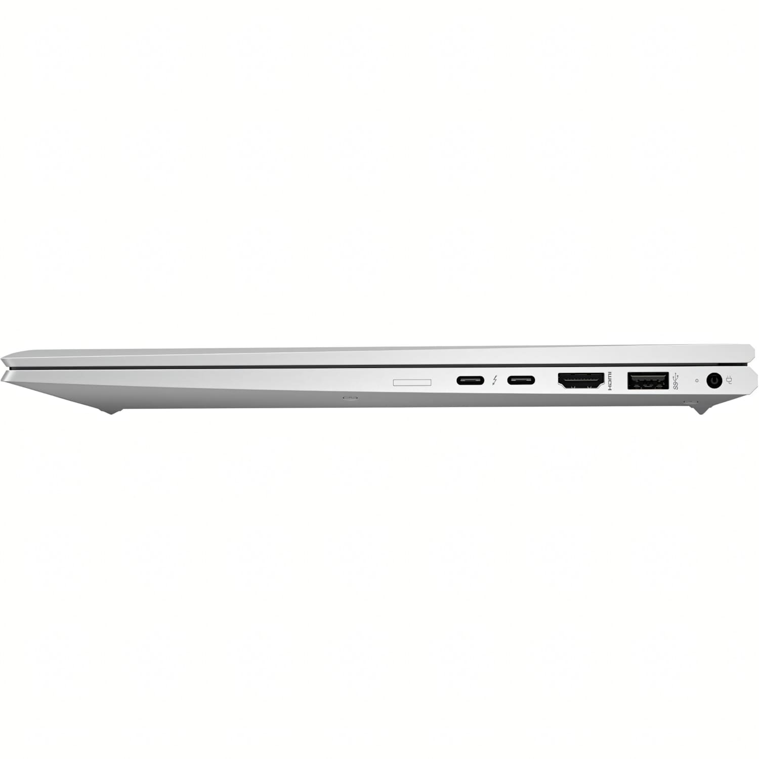 Vista lateral portátil plateado: USB-C, HDMI, USB-A, conector auriculares.