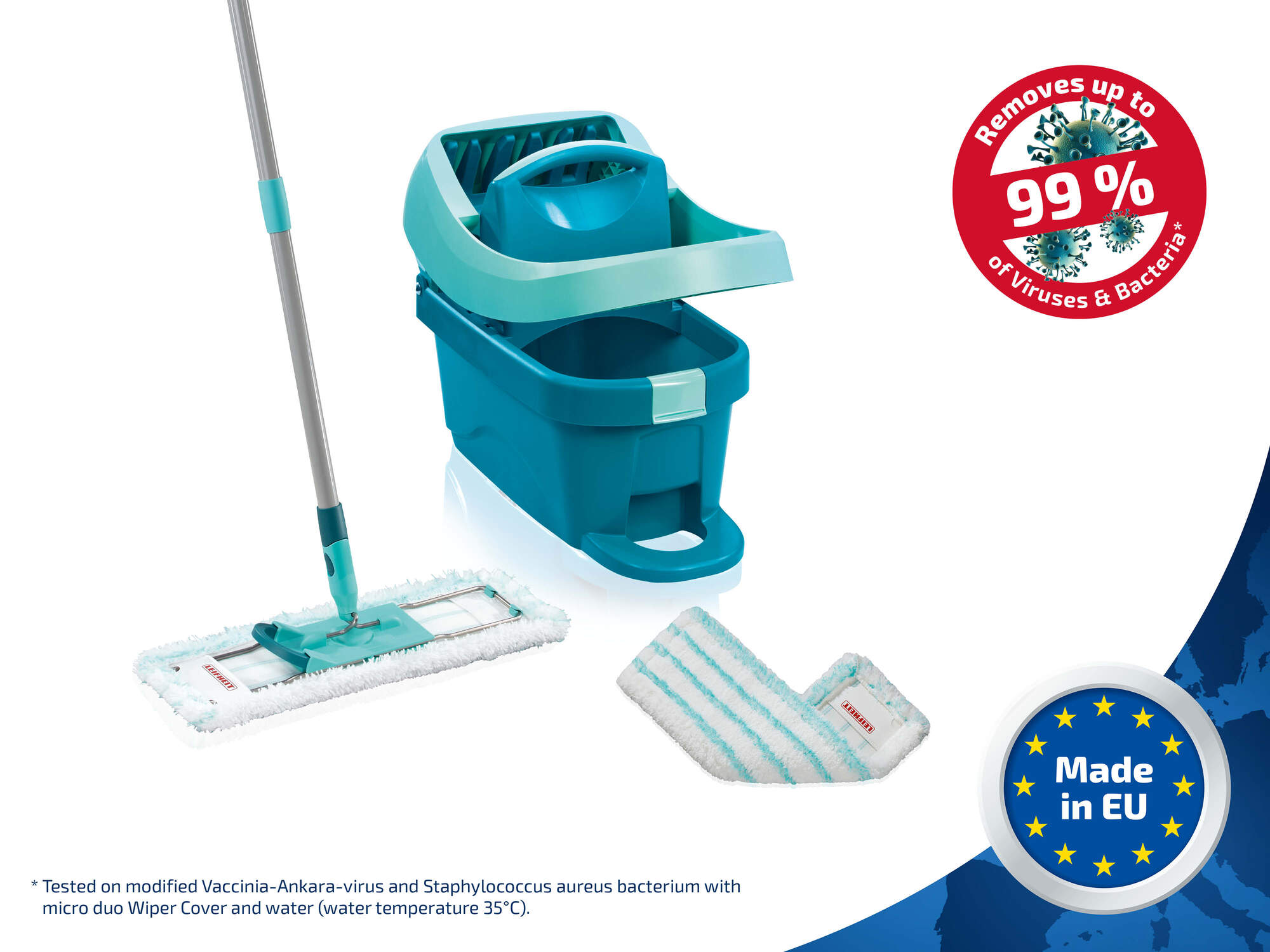Turkusowe wiadro z mopem i zapasową nakładką. Usuwa 99% wirusów i bakterii.