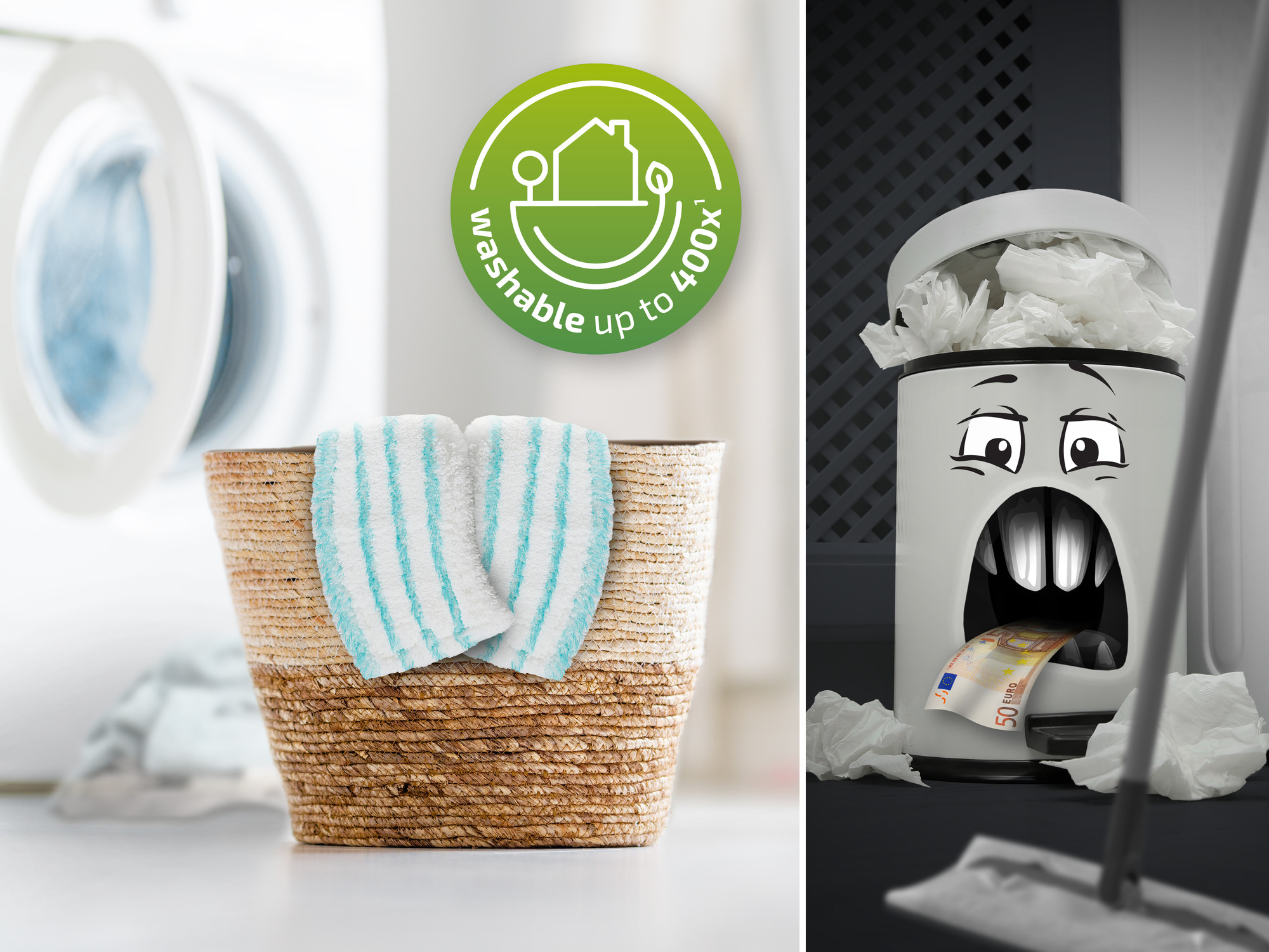 Kosz na pranie z ręcznikami obok pralki i kosz na śmieci z kreskówki jedzący pieniądze.