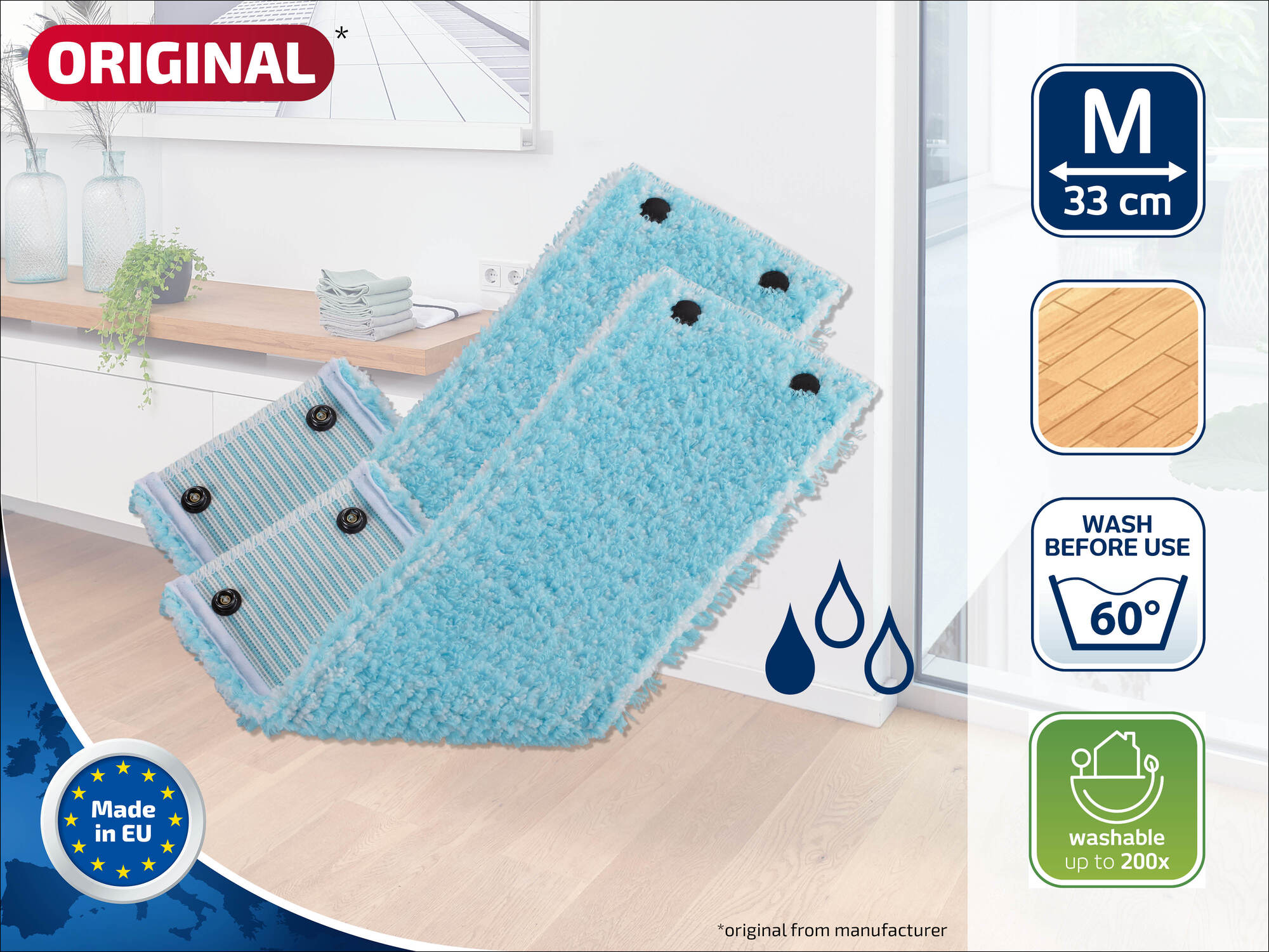 Zwei hellblaue Wischbezüge, Größe M, 33 cm, made in EU.