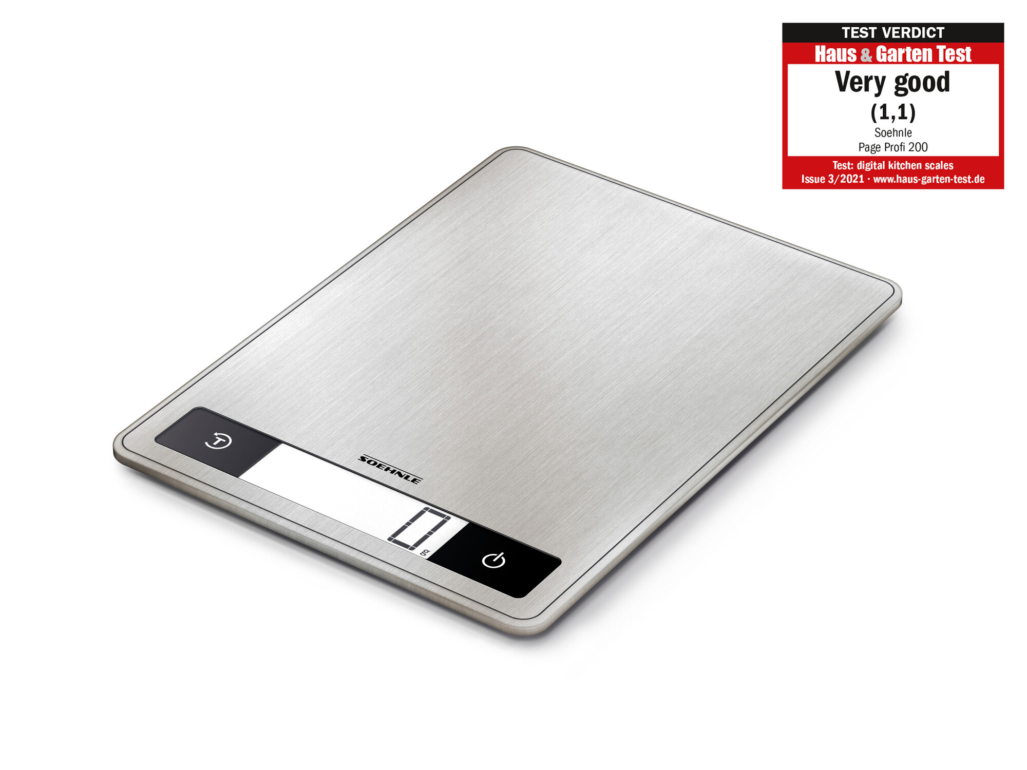 Srebrna waga kuchenna cyfrowa z czarnym wyświetlaczem i przyciskami.