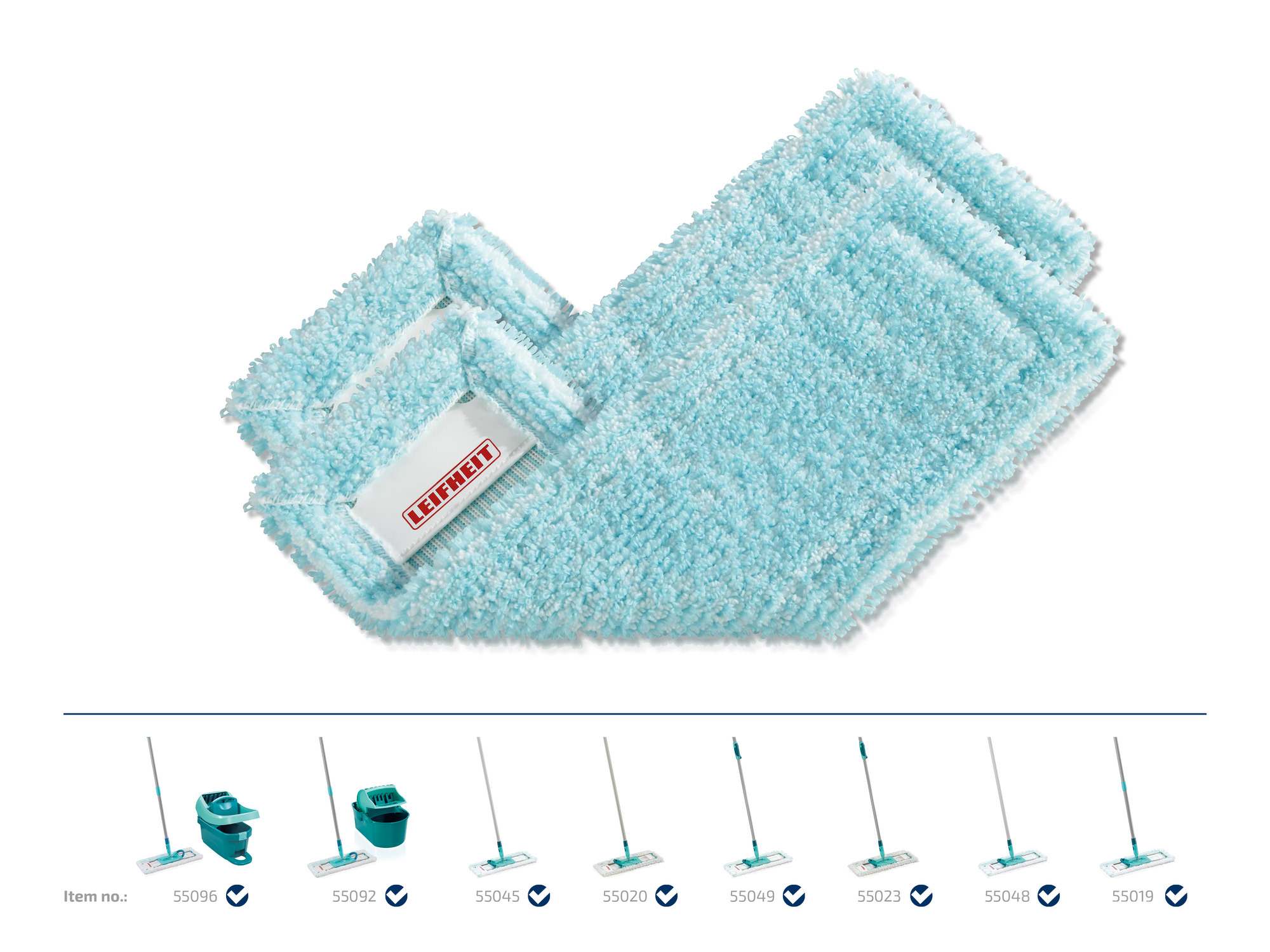 Zwei hellblaue Mikrofaser-Mopp-Aufsätze mit flauschiger Textur, mit Leifheit-Logo.