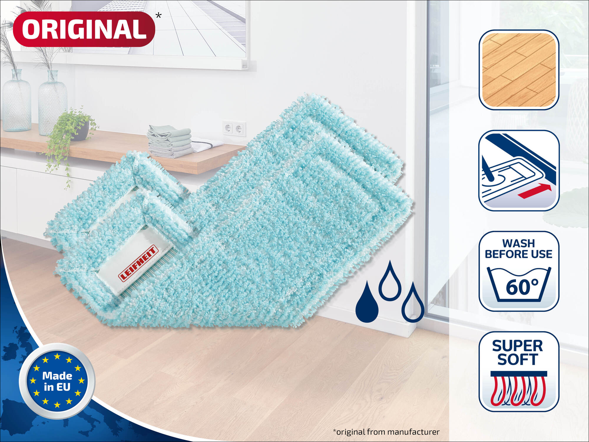 Ein türkisfarbener Wischbezug mit Leifheit-Label liegt auf einem Holzboden.