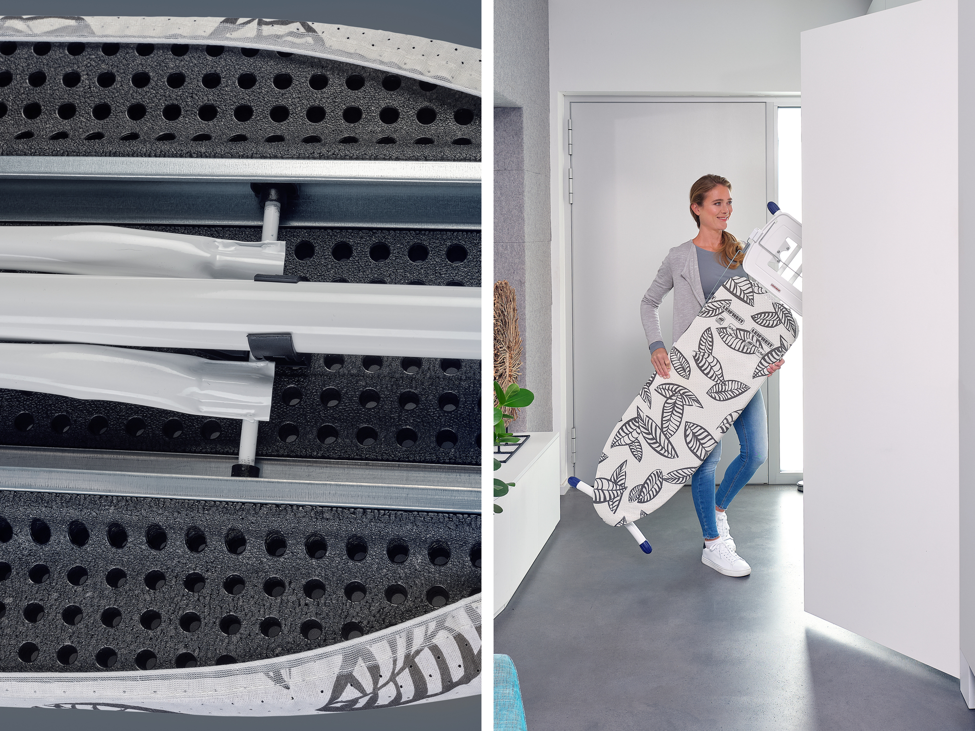 Detailansicht eines Bügelbretts mit Lochstruktur und Metallrahmen, daneben eine Frau mit Bügelbrett.