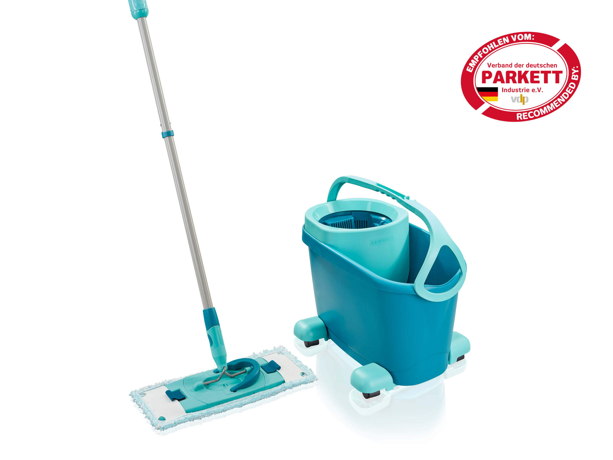 Turkusowy mop i wiadro z pieczęcią parkietową.