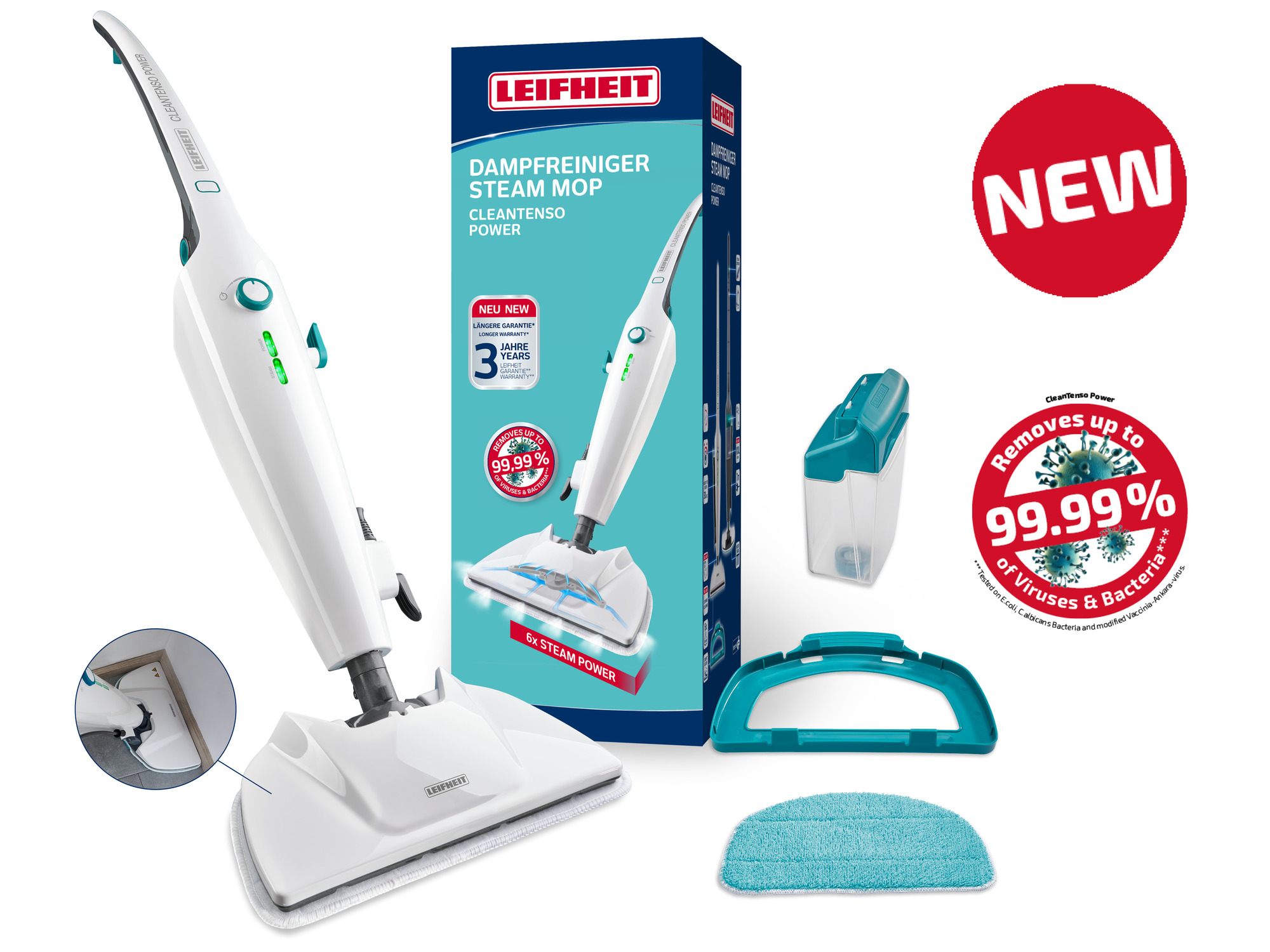 Biały mop parowy z turkusowymi akcentami obok opakowania i akcesoriów.