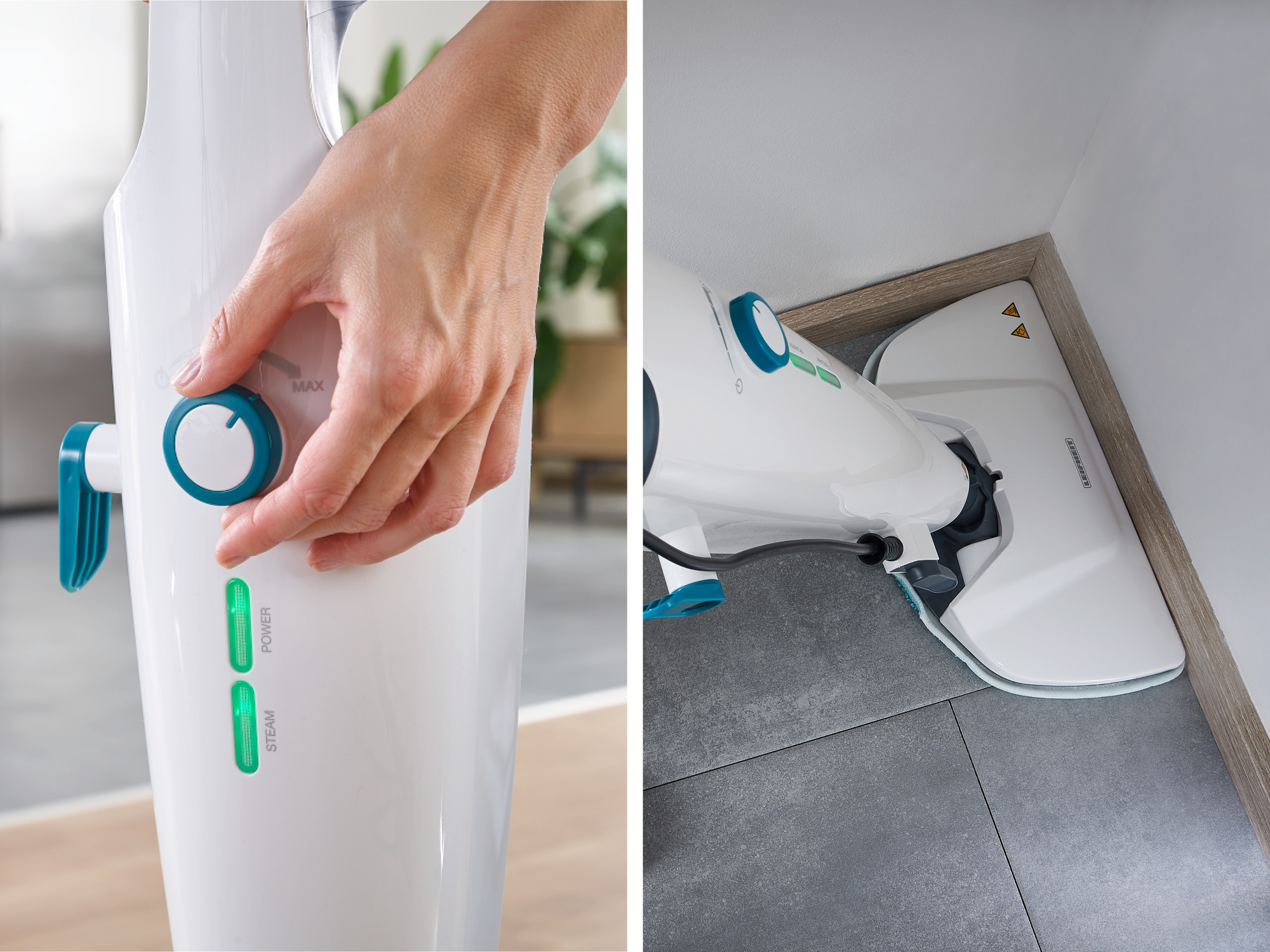 Ręka przekręca pokrętło na białym mopie parowym z zielonymi światłami.