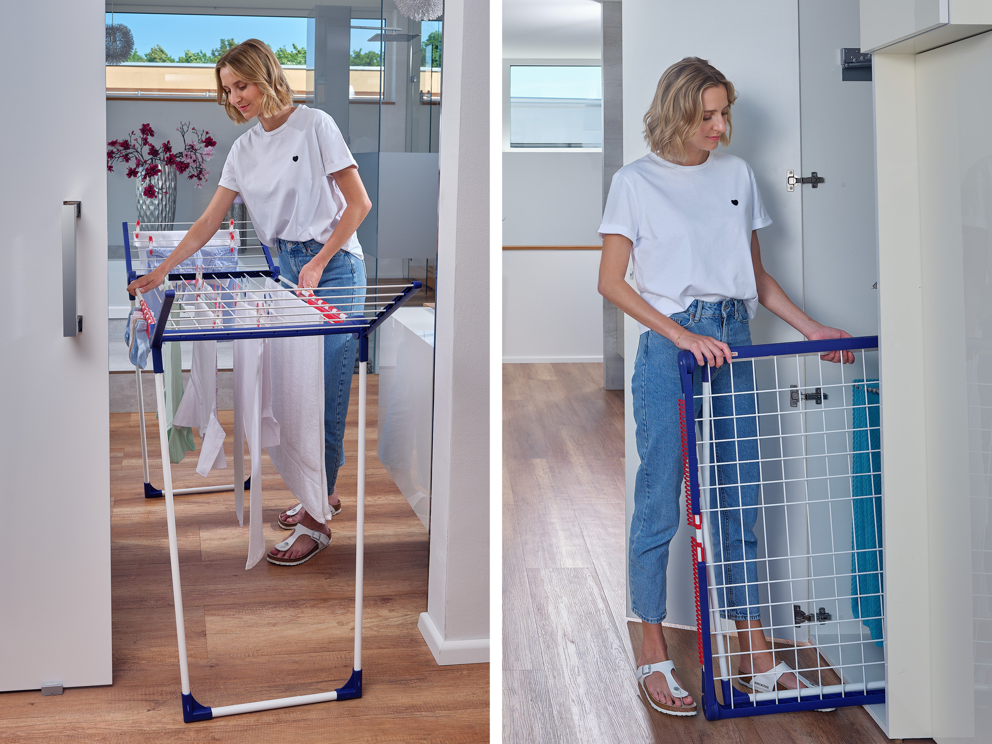 Frau mit weißem Shirt und Jeans hängt Wäsche auf einem Wäscheständer auf.
