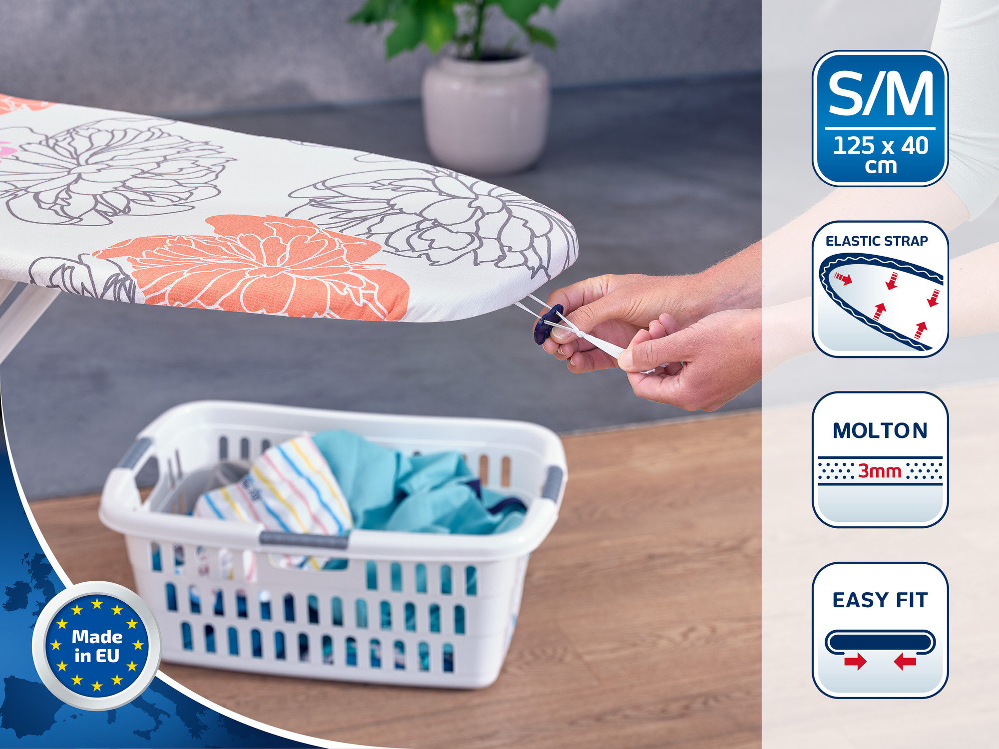 Pokrowiec na deskę do prasowania, wzór kwiatowy, S/M, 125x40cm, z gumką i koszem.