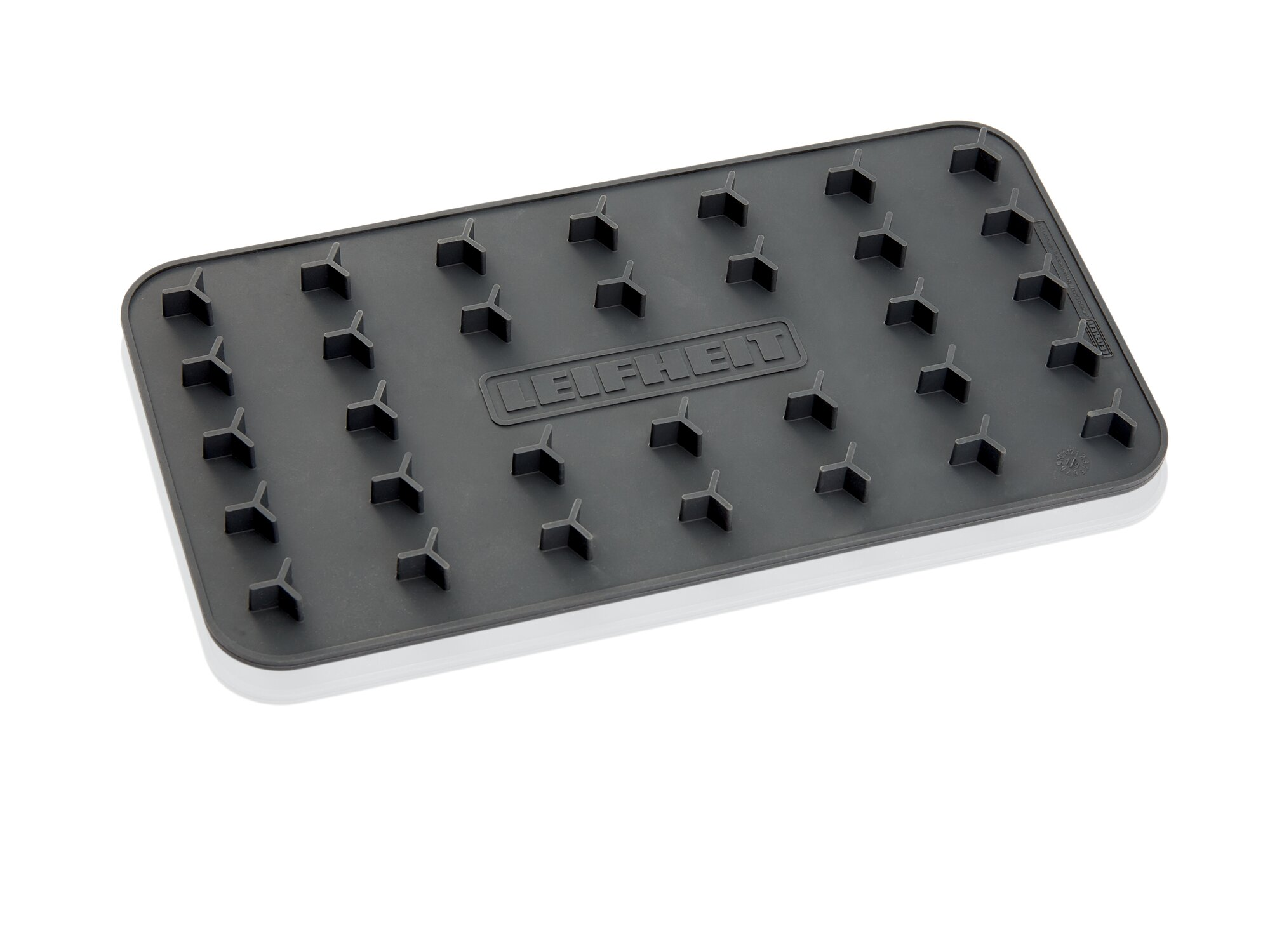 Schwarze Abtropfmatte mit Y-förmigen Noppen und Leifheit-Logo. Weiße Kanten.