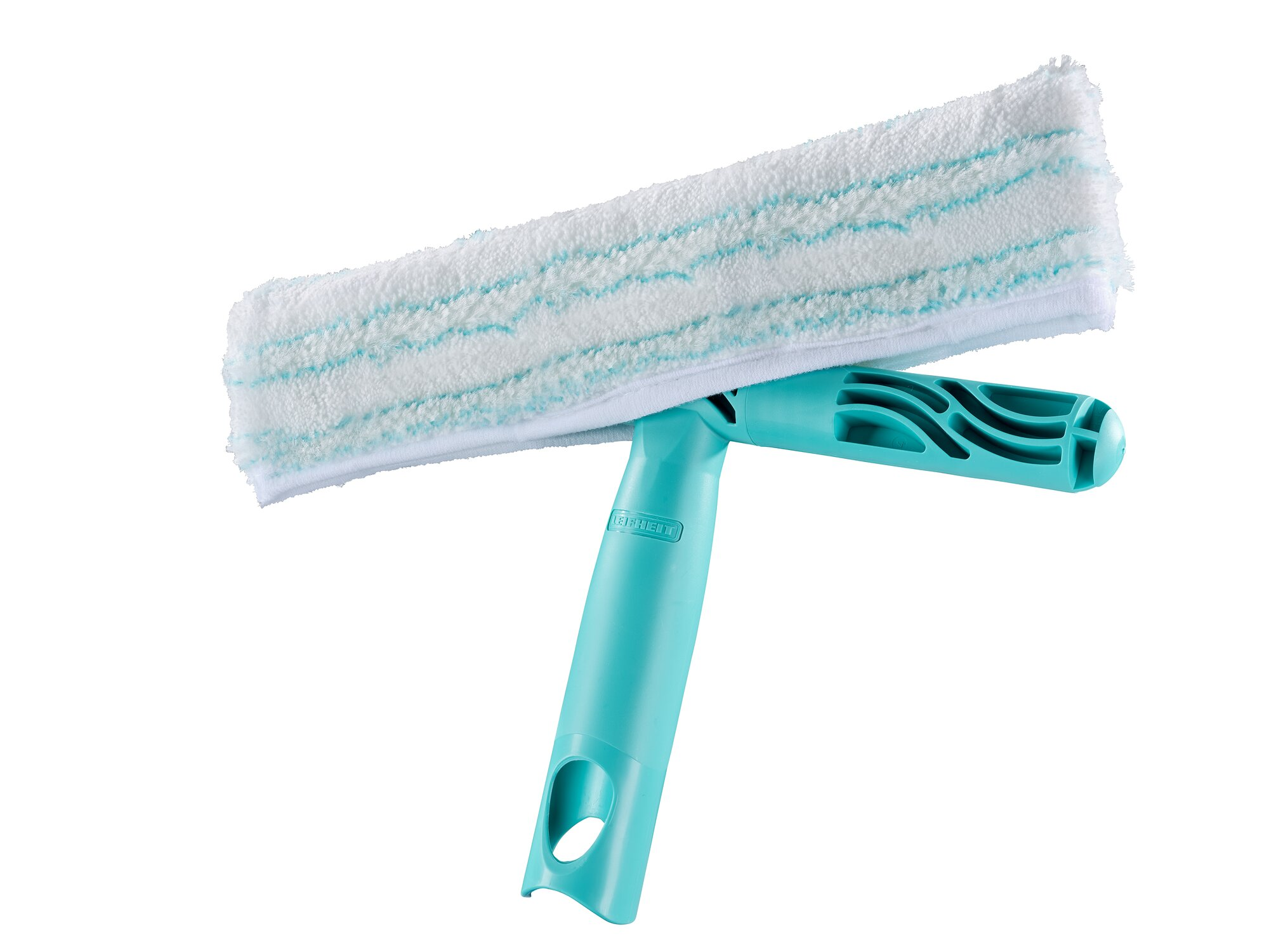 Tergivetro turchese con panno in microfibra bianco a strisce blu.