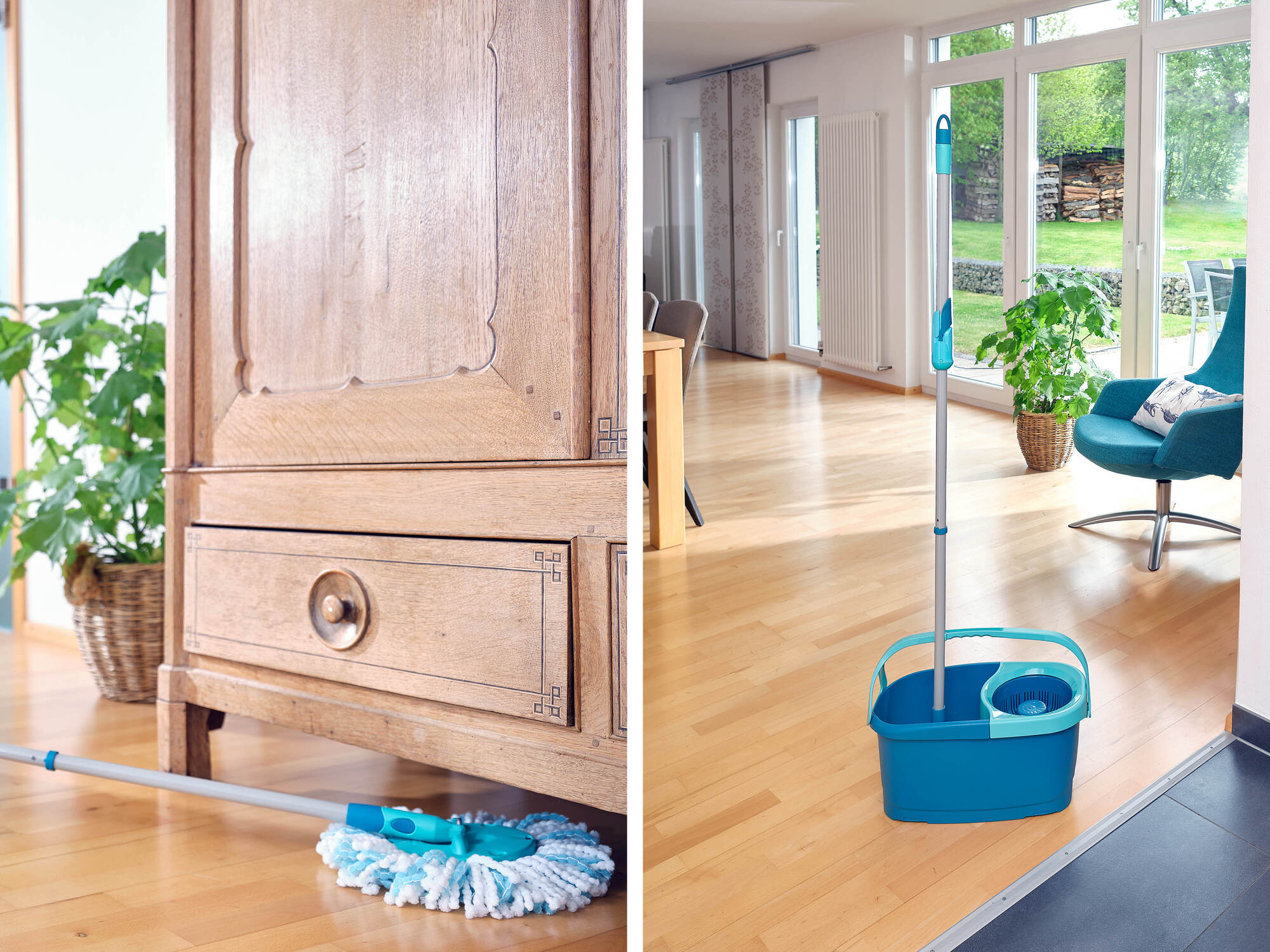 Mop i wiadro stoją na drewnianej podłodze obok okna.