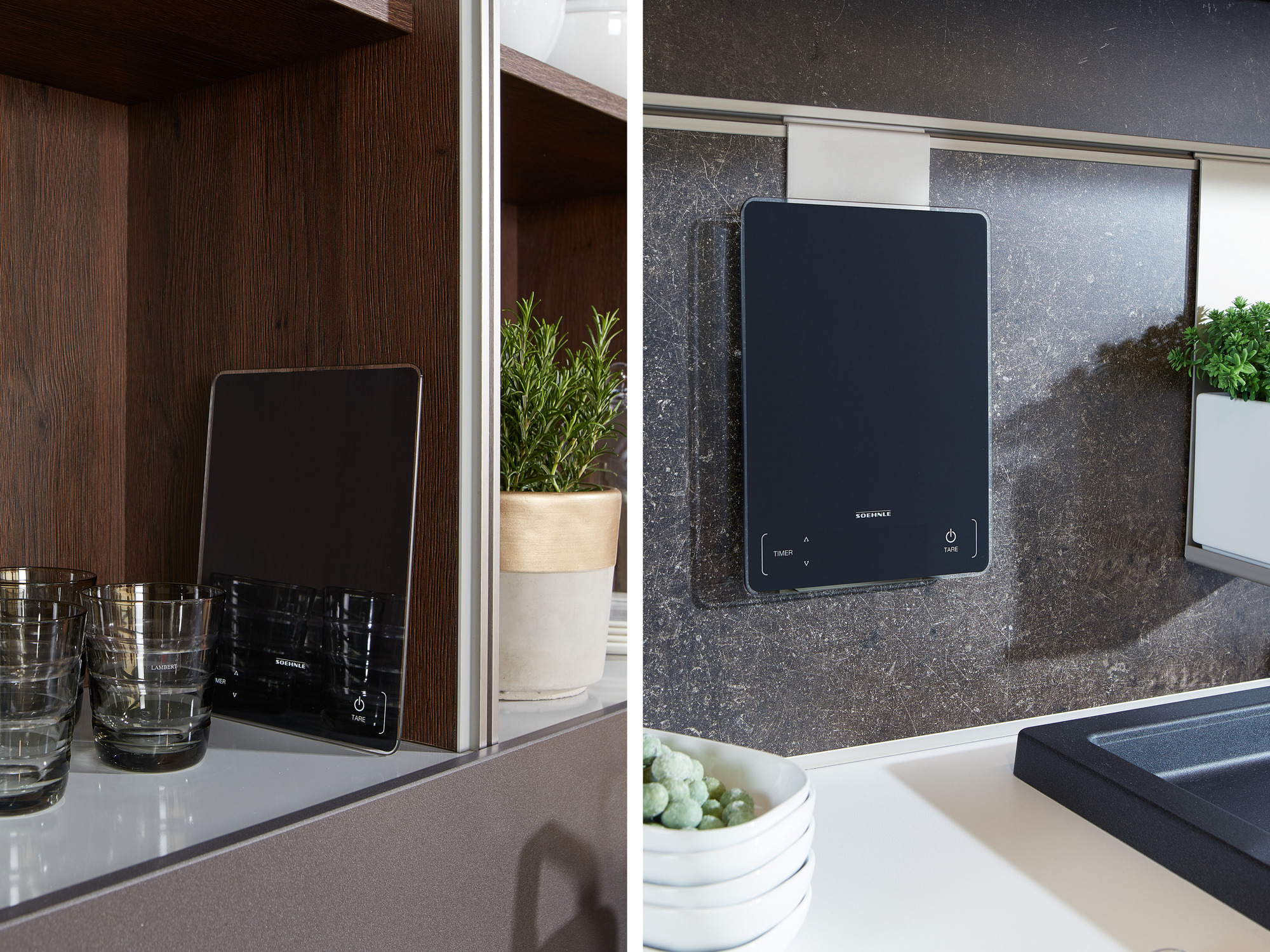 Cyfrowa waga kuchenna wisi na ścianie imitującej kamień.