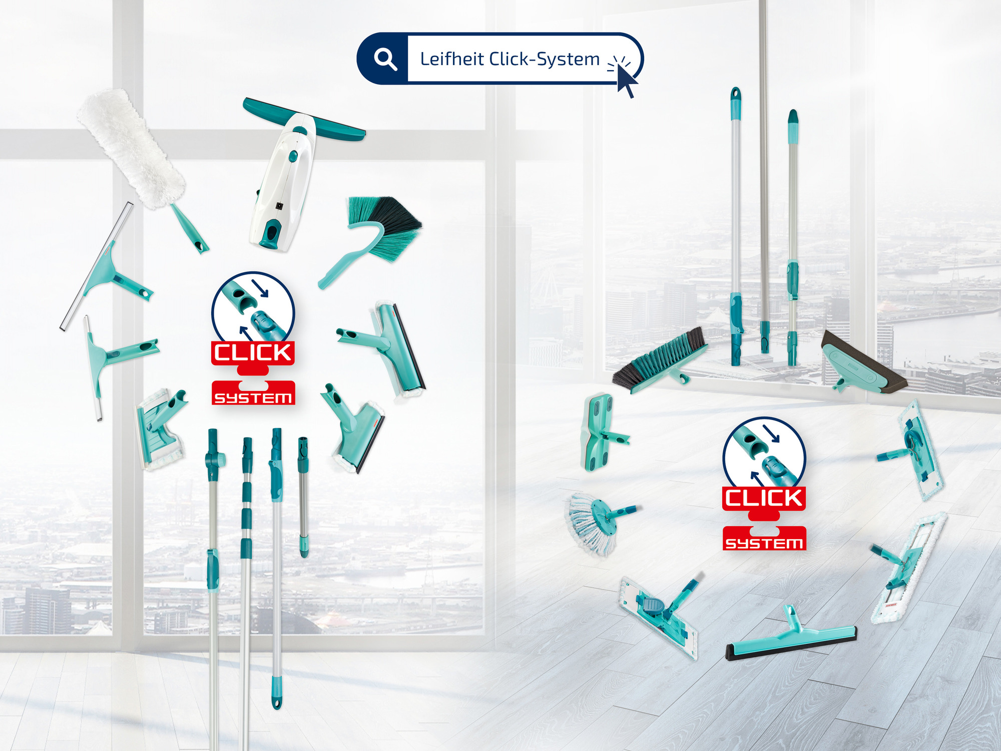 Leifheit Click-System Reinigungswerkzeuge: Staubwedel, Wischer, Bürsten und Stiele.